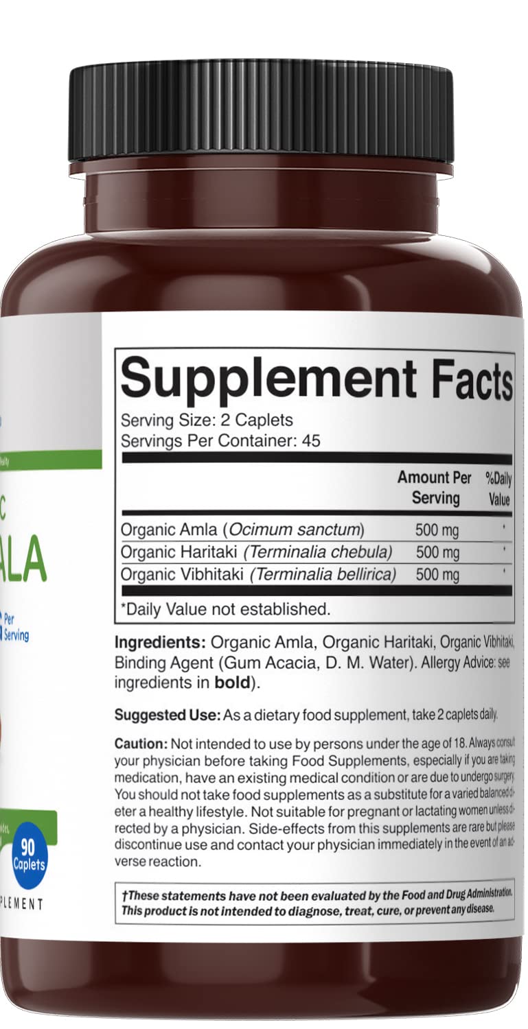 Brieofood Organic Triphala 1500mg - 90 Vegetarian Tablets, 45 Servings, Gluten Free & Vegan Supplement for Digestive Health | Supports Detox, Immunity & Daily Wellness