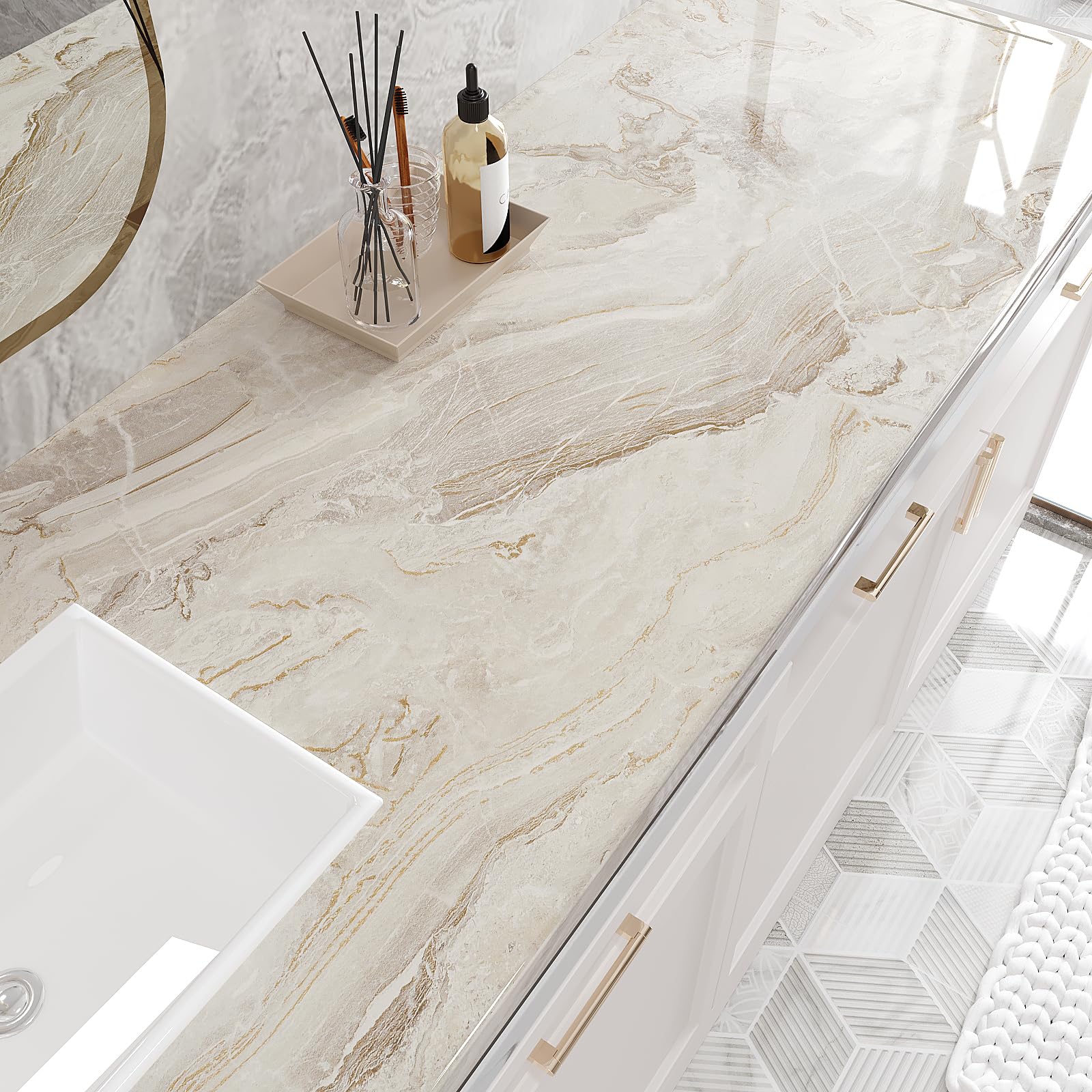 VEELIKE 15.7''x118'' Beige Gold Liquid Marble Contact Paper - Peel & Stick Waterproof Granite Countertop Cover - Self-Adhesive Vinyl Roll for Kitchen, Bathroom, Table & Wall Decor - Perfect for Home Renovation, DIY Projects & Furniture Upcycling