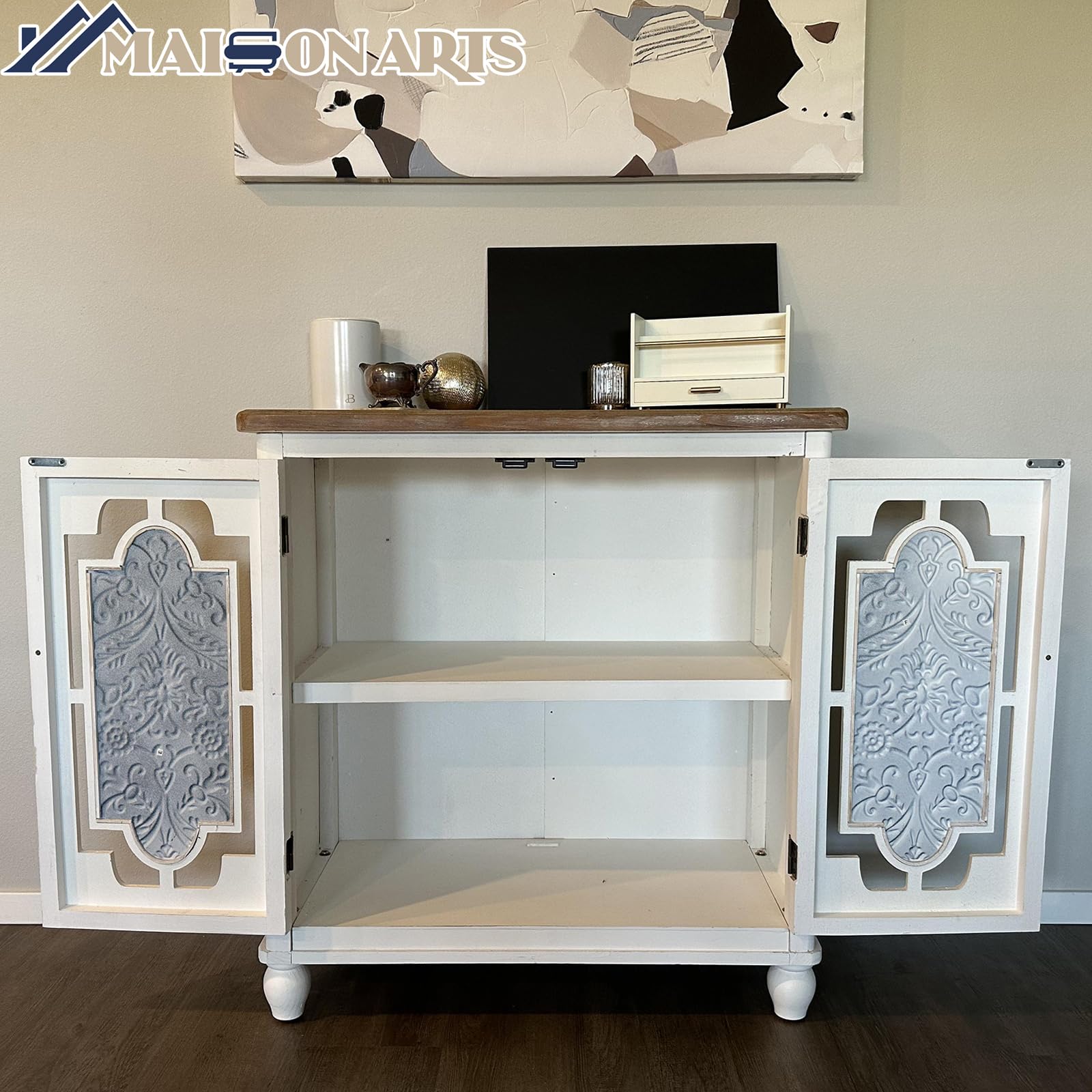 MAISON ARTS Farmhouse Accent Cabinet with 2 Doors - Solid Wood Storage Cabinet with Metal Embossing Pattern for Living Room, Entryway, Bedroom - Rustic Sideboard Buffet Cabinet for Home Decor & Organization