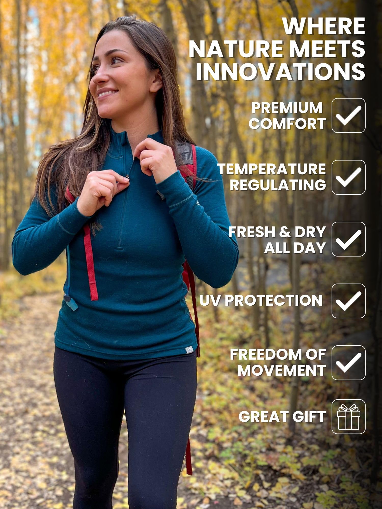 100% Merino Wool Base Layer for Women - Lightweight, Midweight & Heavyweight Thermal Half Zip Sweater with Socks | Hiking, Skiing & Winter Outdoor Activities
