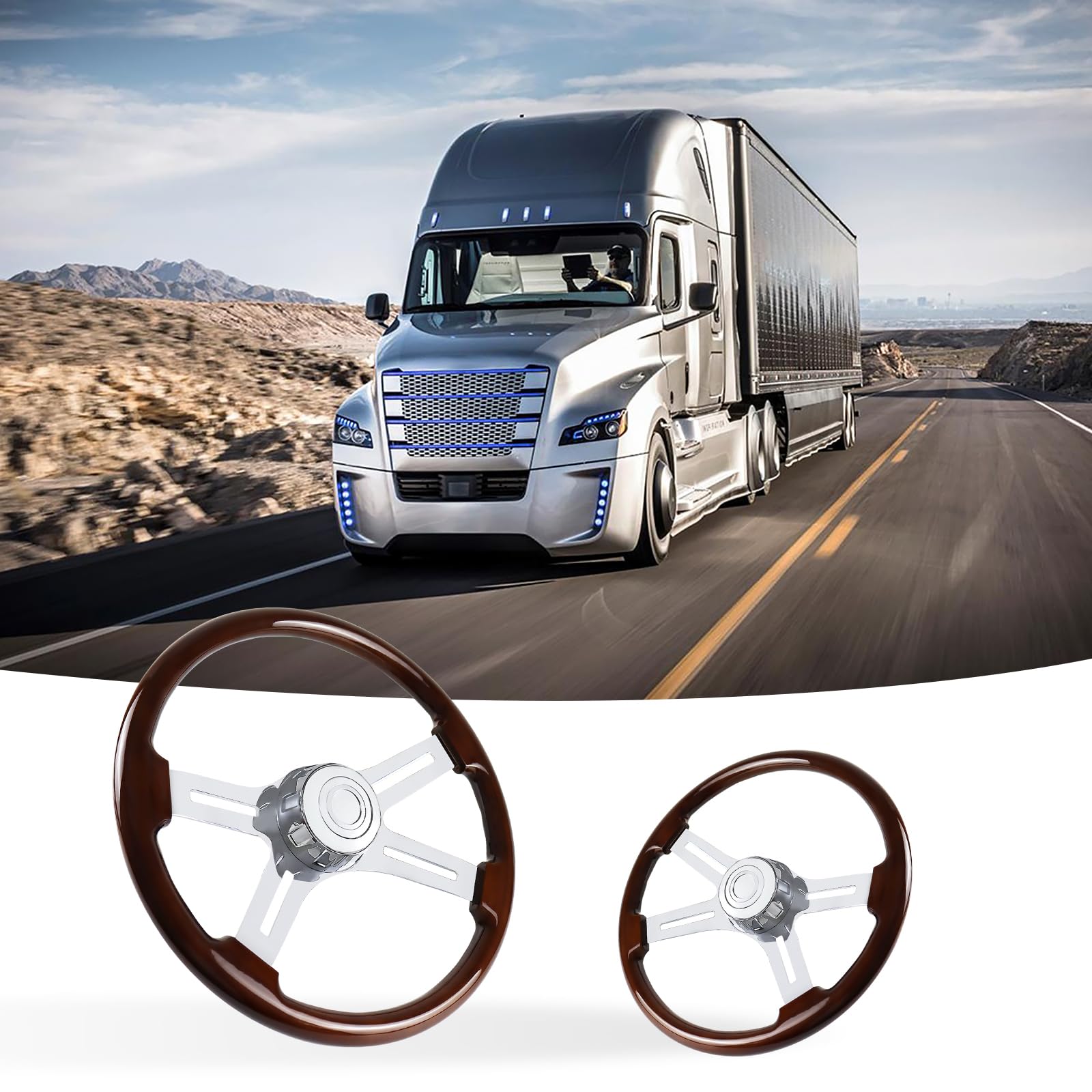 18 Inch Wood and Aluminum Chrome Plated Truck Steering Wheel - 4 Spoke Design for Semi Trailers & Heavy Duty Trucks - Perfect for Long Haul Driving & Custom Vehicle Upgrades
