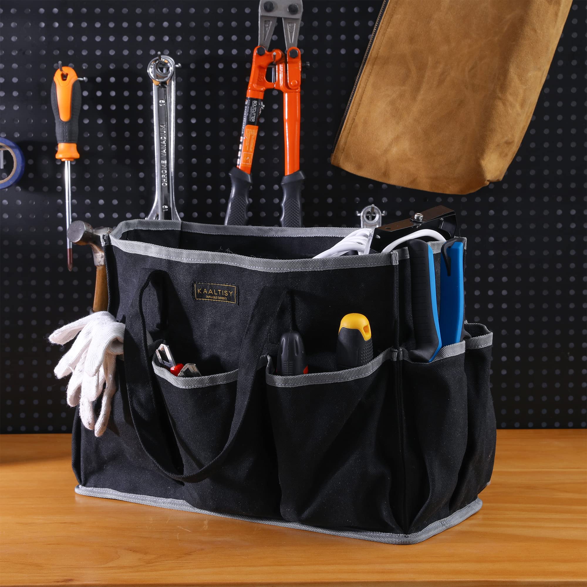 Durable 16OZ Waxed Canvas Tool Tote Bag with Large Main Compartment & 10 Small Pockets - Heavy Duty Multi-Pocket Tool Organizer for Mechanics, Gardeners & DIY Craftsmen | Perfect for Workshop, Garage & Outdoor Projects | Black