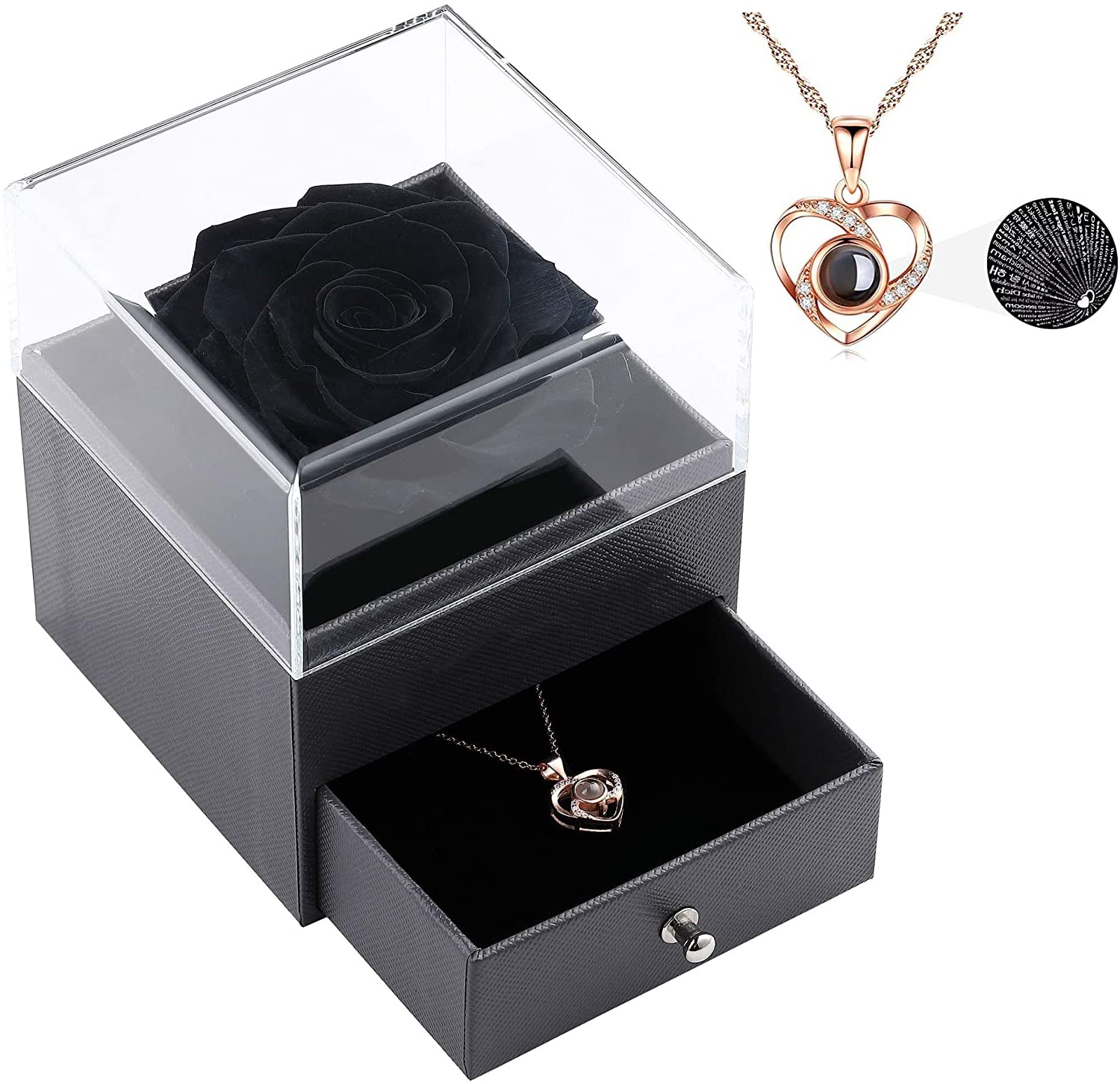 Eternal Preserved Real Rose with 'Love You' Necklace - Romantic Gift for Her in 100 Languages, Perfect for Birthday, Valentine's Day, Anniversary & Wedding (5-Black) | Unique Keepsake for Special Occasions & Home Decor