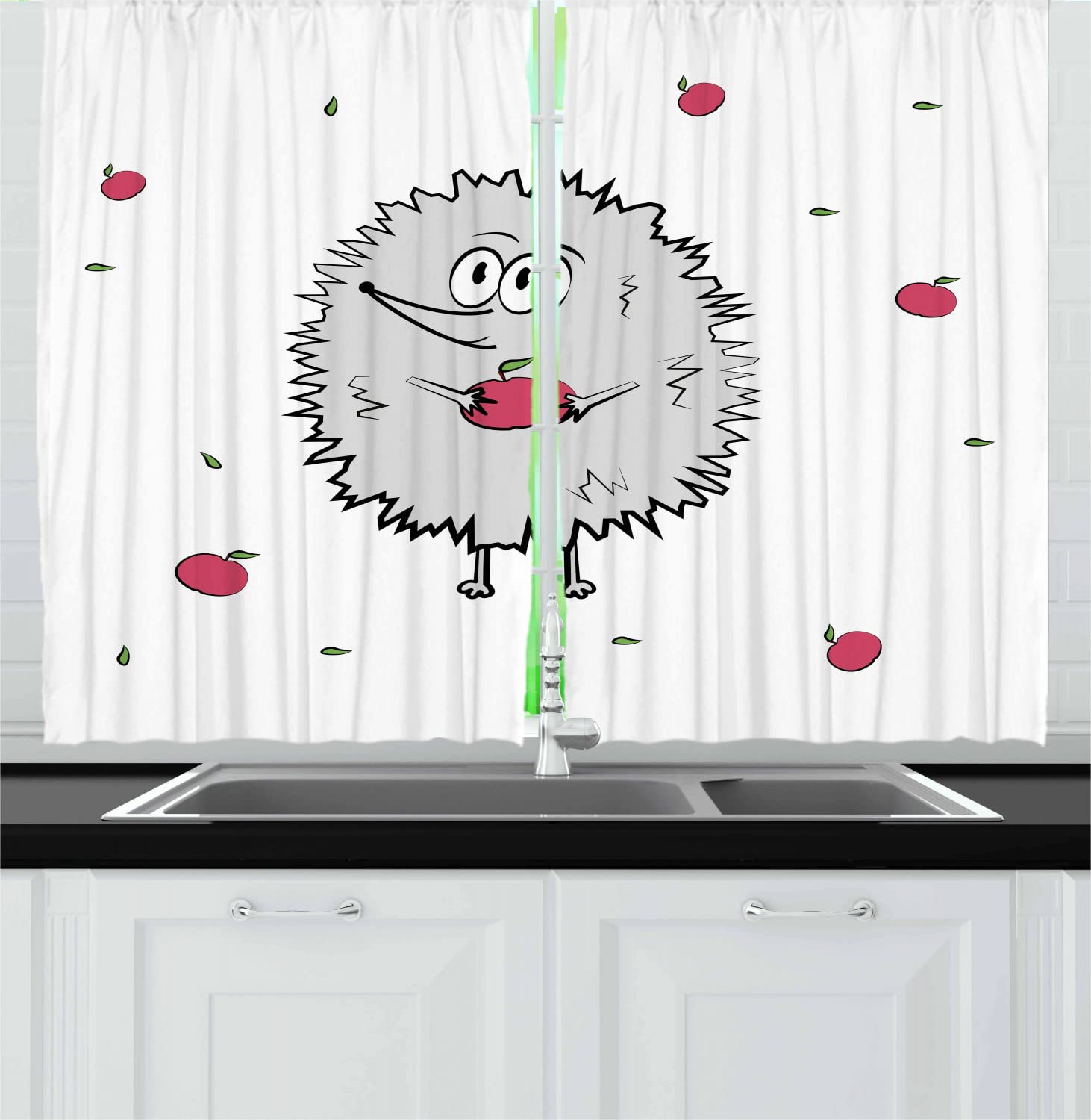 Ambesonne Hedgehog Kitchen Curtains - Fun Cartoon Animal Apples & Leaves Doodle Print, 2 Panel Rod Pocket Window Drapes, 55x45 Inches, Grey Pink Green - Perfect for Farmhouse, Kids Room & Playroom Decor