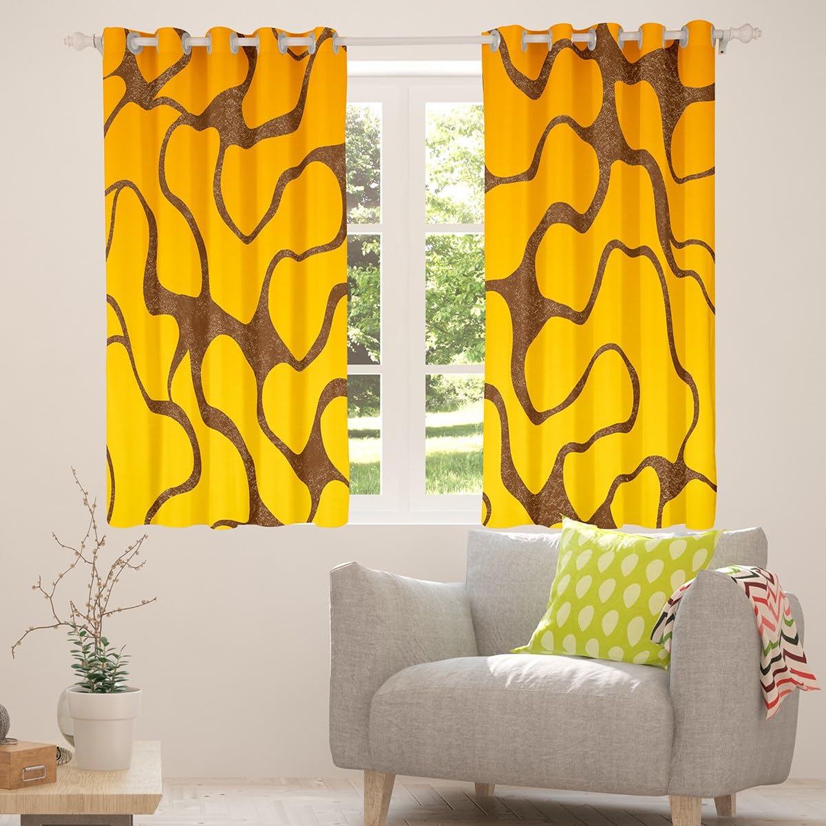 Geometric Abstract Wavy Line Window Curtains - Yellow Brown Stripe Drapes for Bedroom & Living Room - Modern Luxury Decor for Kids Boys Girls - 38x54 Inches, 2 Panels - Perfect for Nursery, Playroom & Home Office
