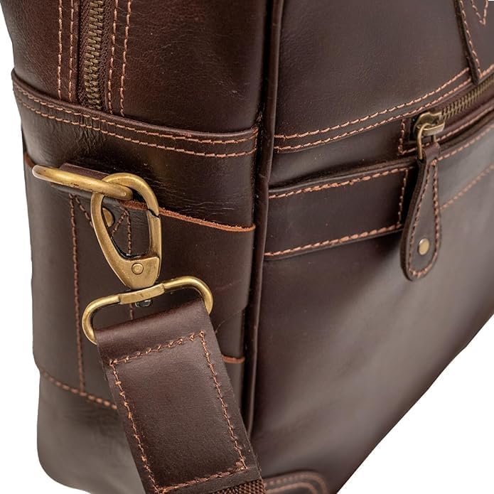 Premium Brown Genuine Leather Laptop Bag - 16 Inch Stylish Business Briefcase for Men & Women - Multiple Pockets & Adjustable Shoulder Strap - Perfect for Office, Travel & Commuting