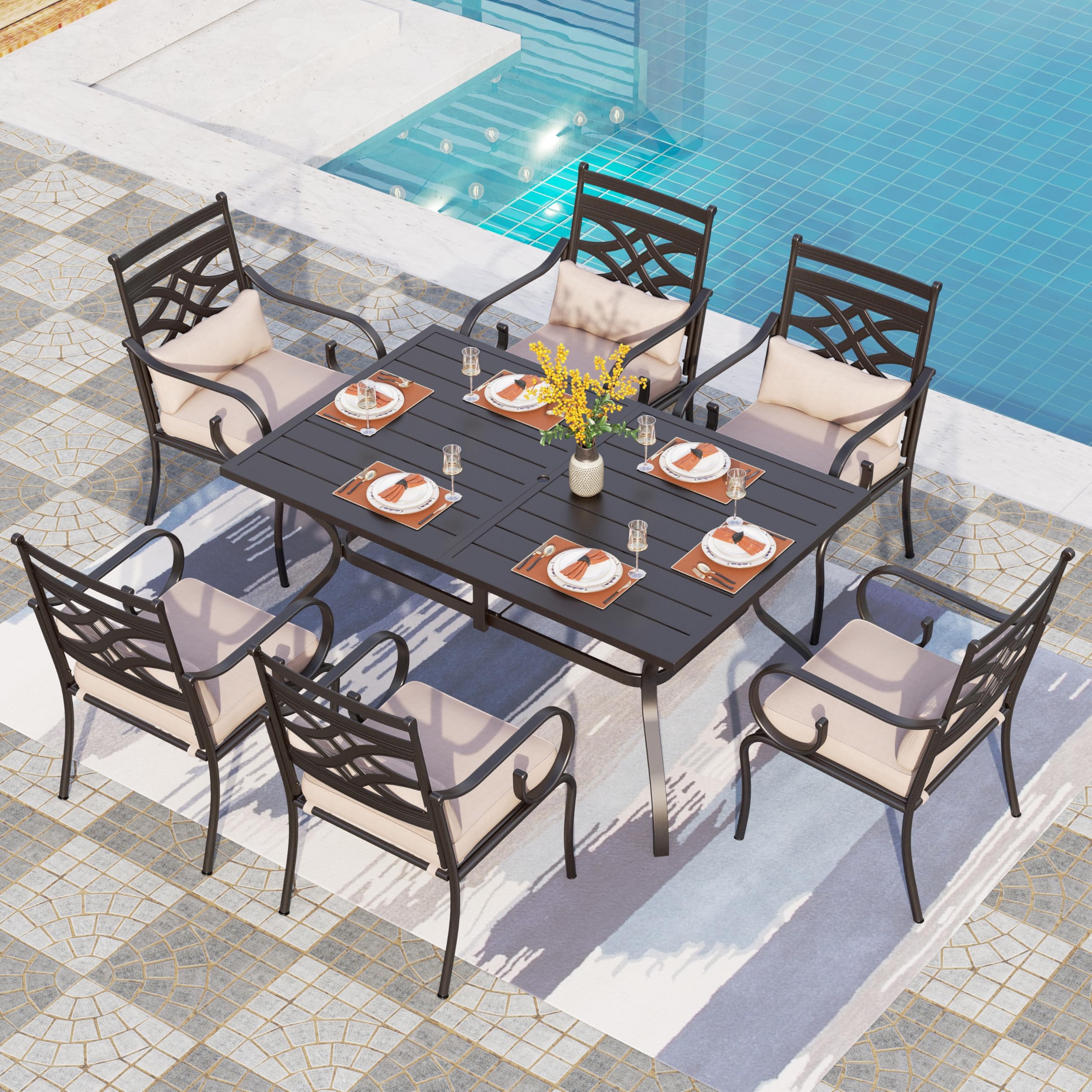 PHI VILLA 7-Piece Outdoor Patio Dining Set with Cushions - 6-Person Rectangular Steel Table & Chairs for Garden, Lawn, Deck - Durable Metal Frame Furniture for Backyard, Poolside & BBQ Entertaining