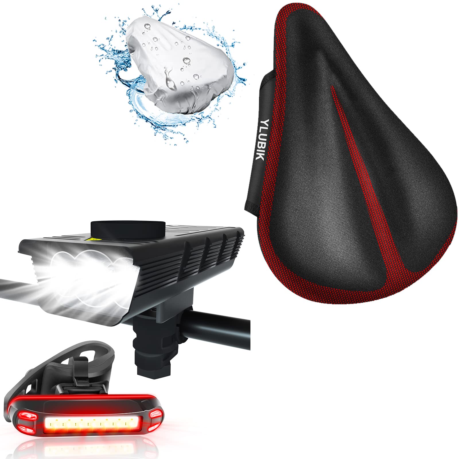 **YLuBik Gel Bike Seat Cushion & BN2 2022 Upgraded Bright Bike Lights Set - Headlight & Taillight for Mountain Bikes, Road Bikes - Comfortable & Safe Night Riding for Cycling, Commuting, and Outdoor Adventures**