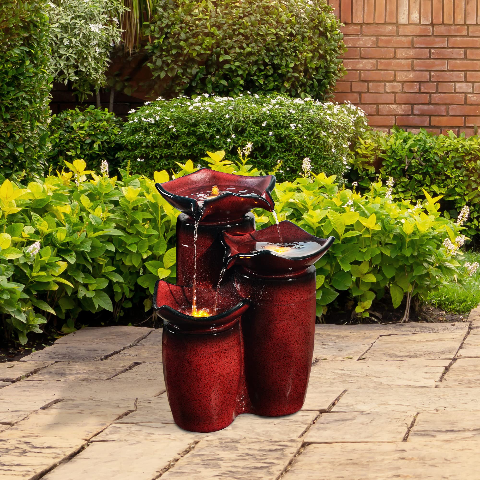 Teamson Home 3-Tier Outdoor Water Fountain with LED Lights & Pump - 20 Inch Gradient Red Glazed Ceramic Floor Fountain for Garden, Patio, Backyard, Deck Decor | Perfect for Relaxing Ambience, Zen Meditation Spaces & Landscape Enhancement