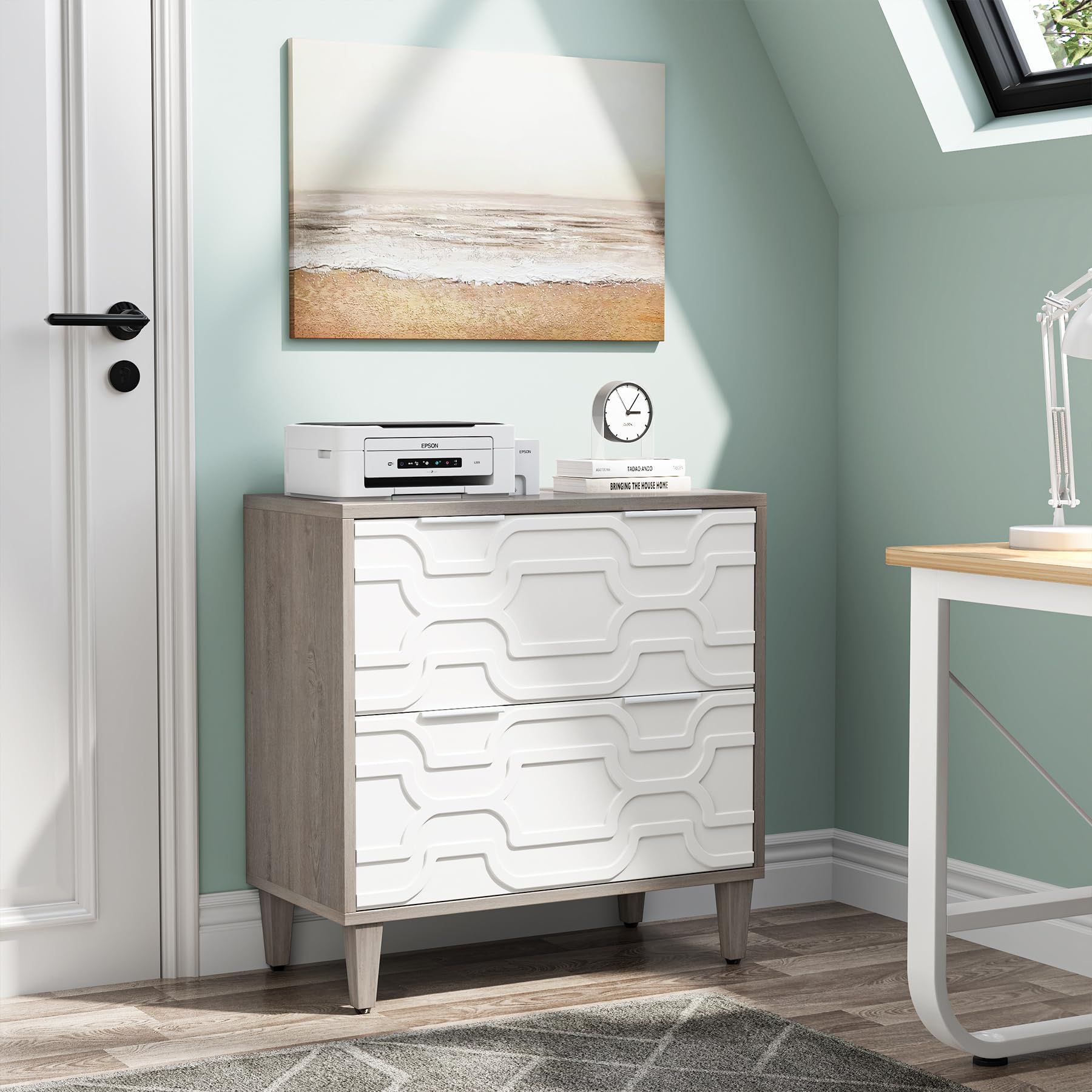 Tribesigns 2-Drawer Lateral File Cabinet - A4 Letter Legal Size Office Storage Organizer with Printer Stand - White & Gray Home Office Filing Solution for Documents & Supplies