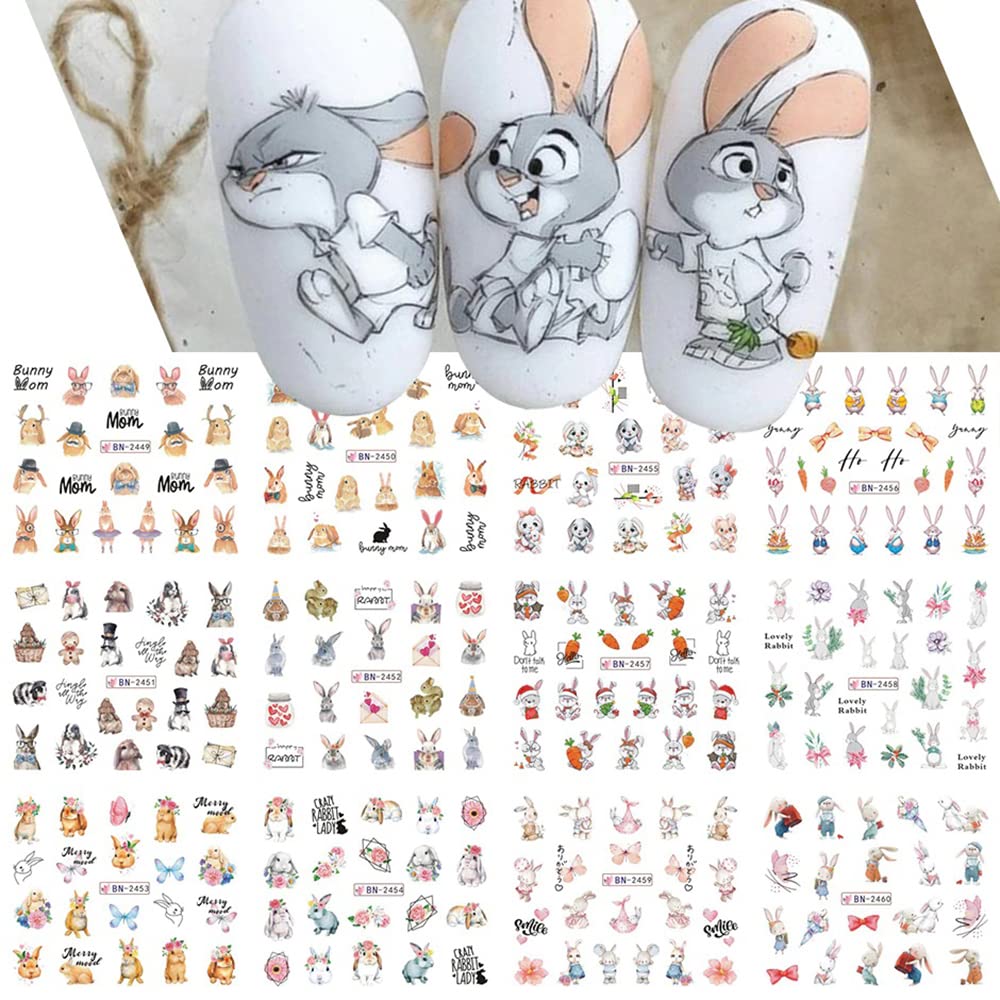 Easter Bunny Nail Art Stickers - Cute Cartoon Rabbit & Carrot Water Transfer Nail Decals - Floral Design Acrylic Nail Supplies for Women & Girls - 12 Sheets - Perfect for Spring Manicures, Easter Parties & Holiday Nail Decorations