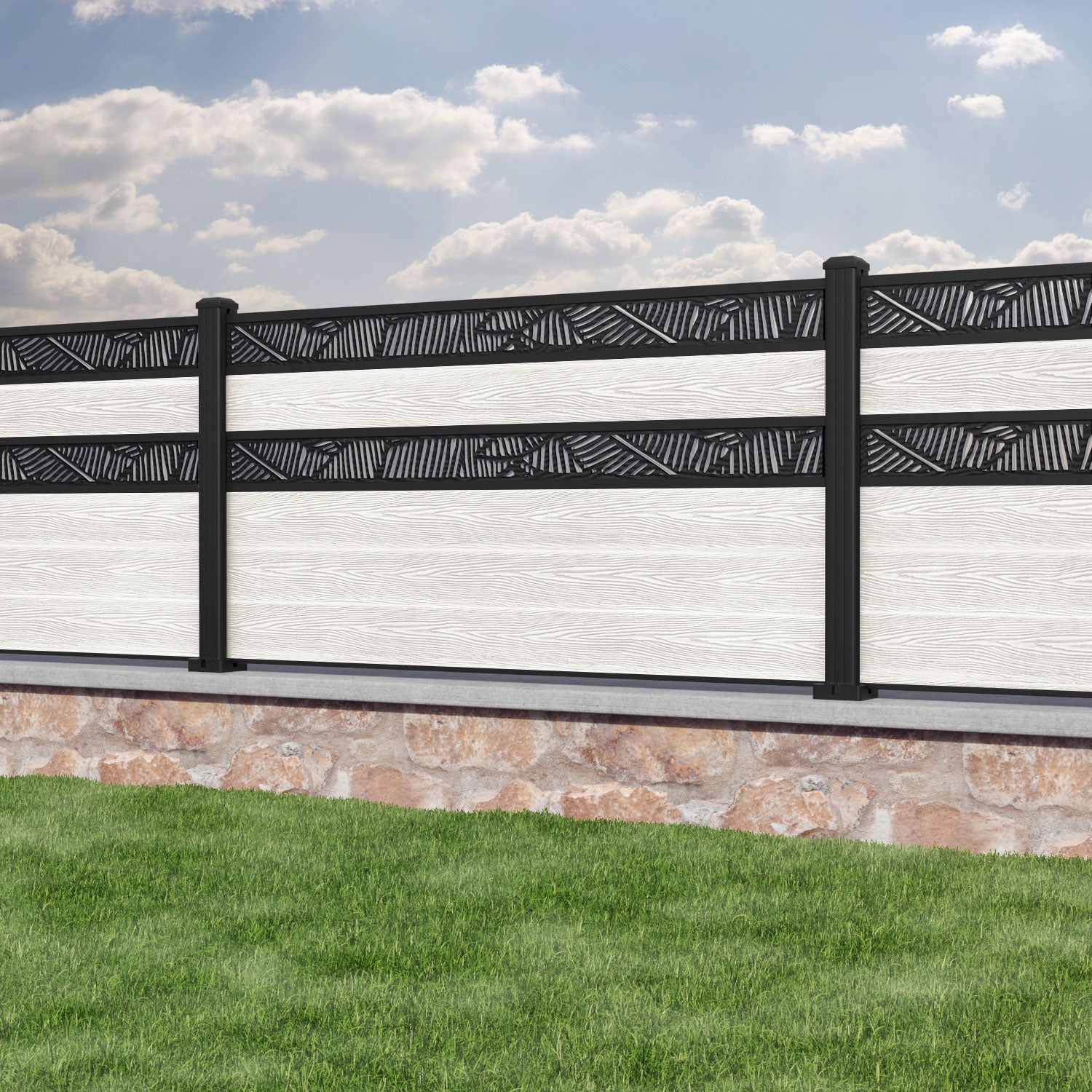 Classic Feather Split Screen Fence Panel in Light Stone with Aluminum Posts - Perfect for Garden Privacy, Patio Divider, and Backyard Decoration