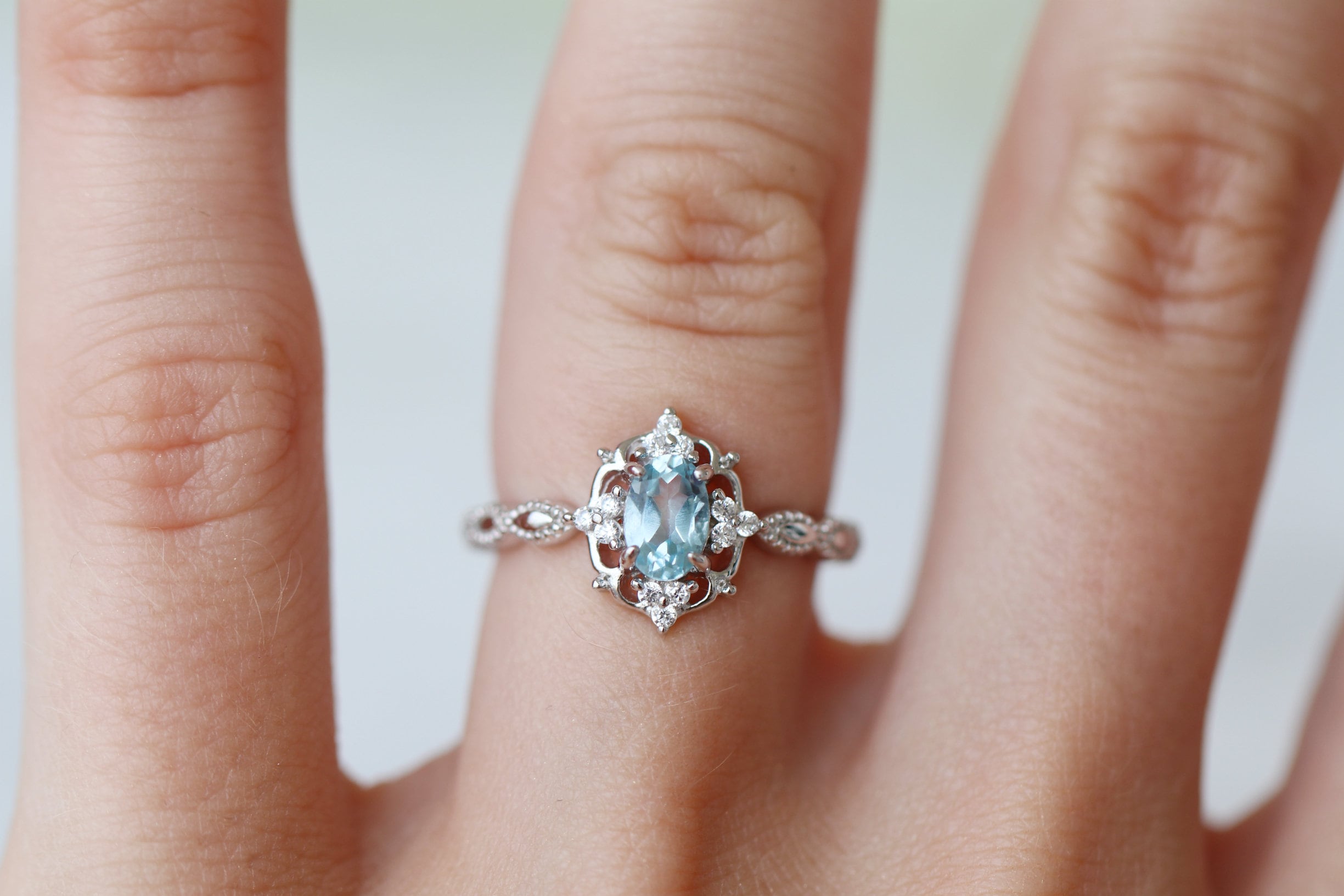 Vintage Aquamarine Ring 14K White Gold - Elegant Handmade Jewelry for Women, Perfect for Weddings, Anniversaries & Special Occasions