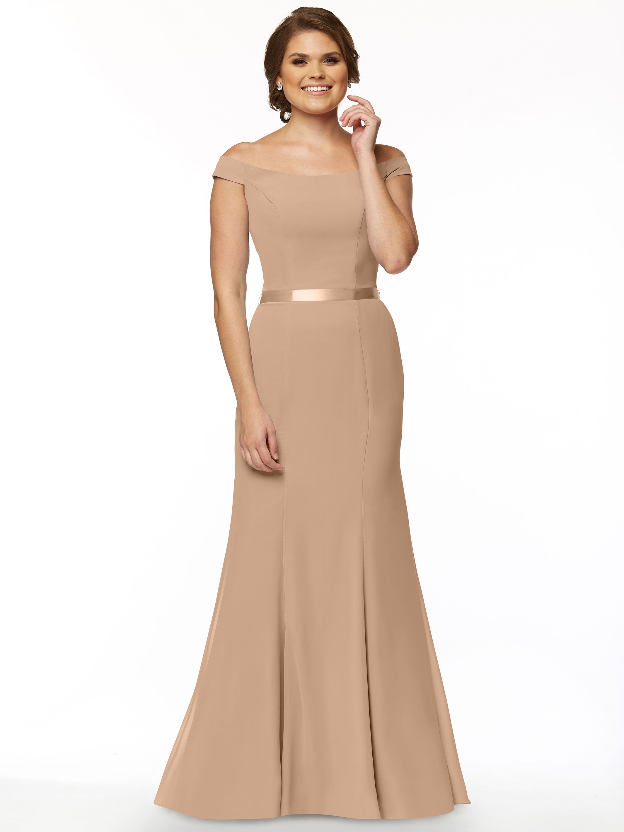 Elegant Off-The-Shoulder Chiffon Bridesmaid Dress with Ribbon Belt - A-Line Fit & Flare Design for Weddings, Parties & Special Occasions