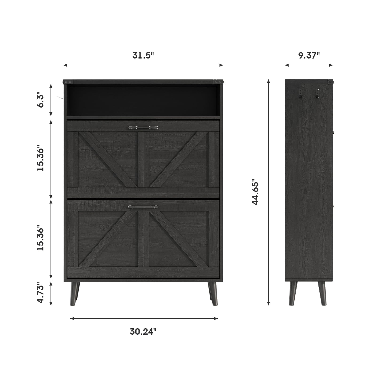 2-Tier Flip-Door Shoe Storage Cabinet - Freestanding Entryway Organizer with Open Shelves & Farmhouse Style Legs - Space-Saving Narrow Shoe Rack for Hallway, Closet or Bedroom (Black)