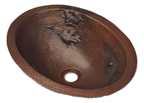 Modern Flat Edge Oval Copper Sink with Natural Branch Pinecones Design - Farmhouse & Rustic Kitchen Bathroom Vanity Decor