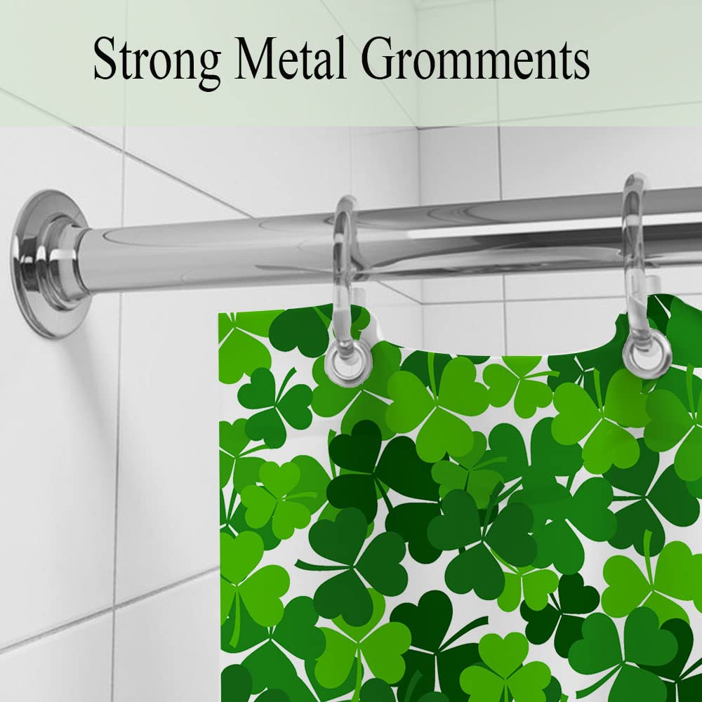 St. Patrick's Day Shower Curtain - Green Clover Shamrock Leaf Design Fabric Bath Curtain with Hooks 72x72 Inches - Irish Themed Bathroom Decor for St. Paddy's Day Party & Home Celebration