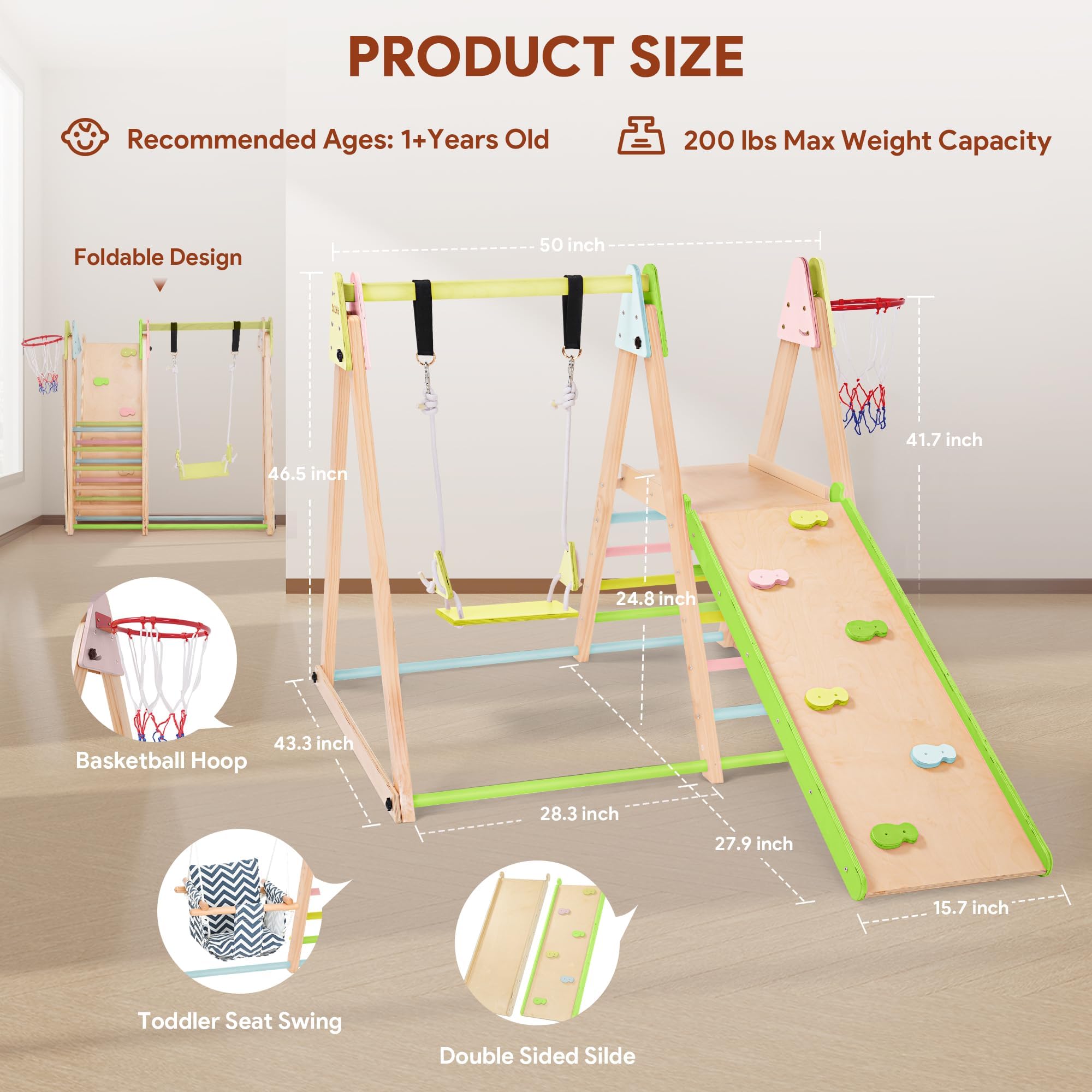 7 in 1 Foldable Indoor Jungle Gym Playset for Toddlers & Kids - Wooden Climbing Structure with Slide, Swing, Ladder & Climbing Wall - Natural Beechwood Montessori Toy for Home Playroom, Nursery or Daycare - Perfect Gift for Active Boys & Girls Ages 1-5 Years Old