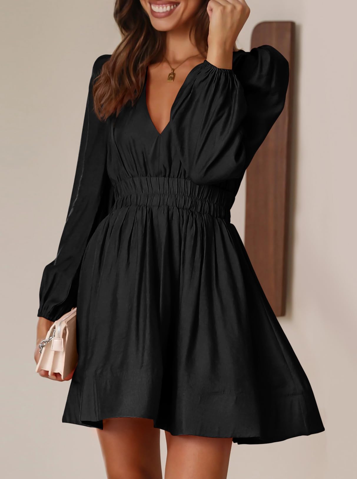 BWQ Women's Mini Dress - Long Sleeve Deep V Neck Sexy A-Line Elastic High Waist Flowy Dress for Party, Date Night & Special Occasions