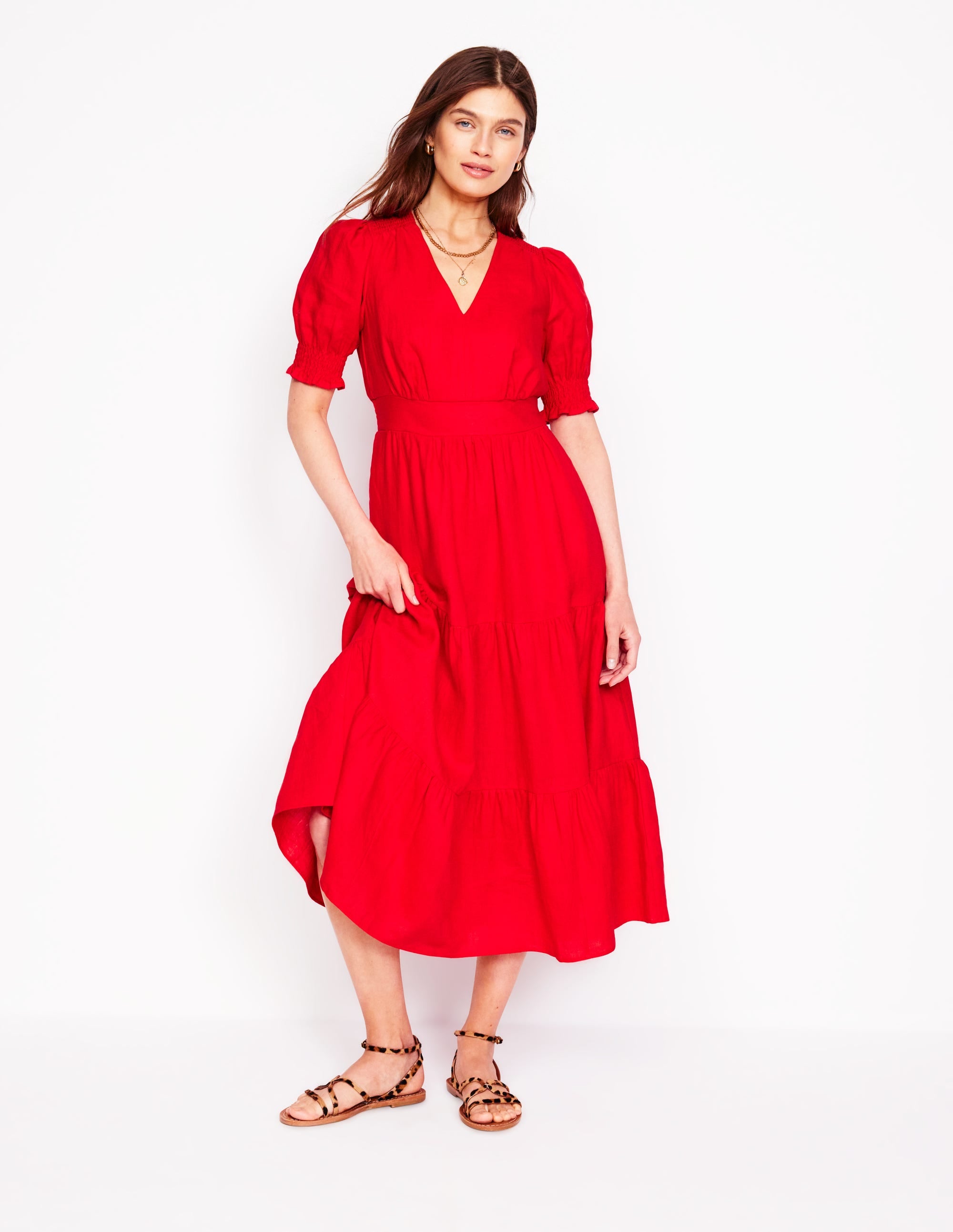 Anna Linen Tiered Midi Dress in Poppy Red - Flowy Summer Dress for Beach Vacation, Garden Party & Casual Outings