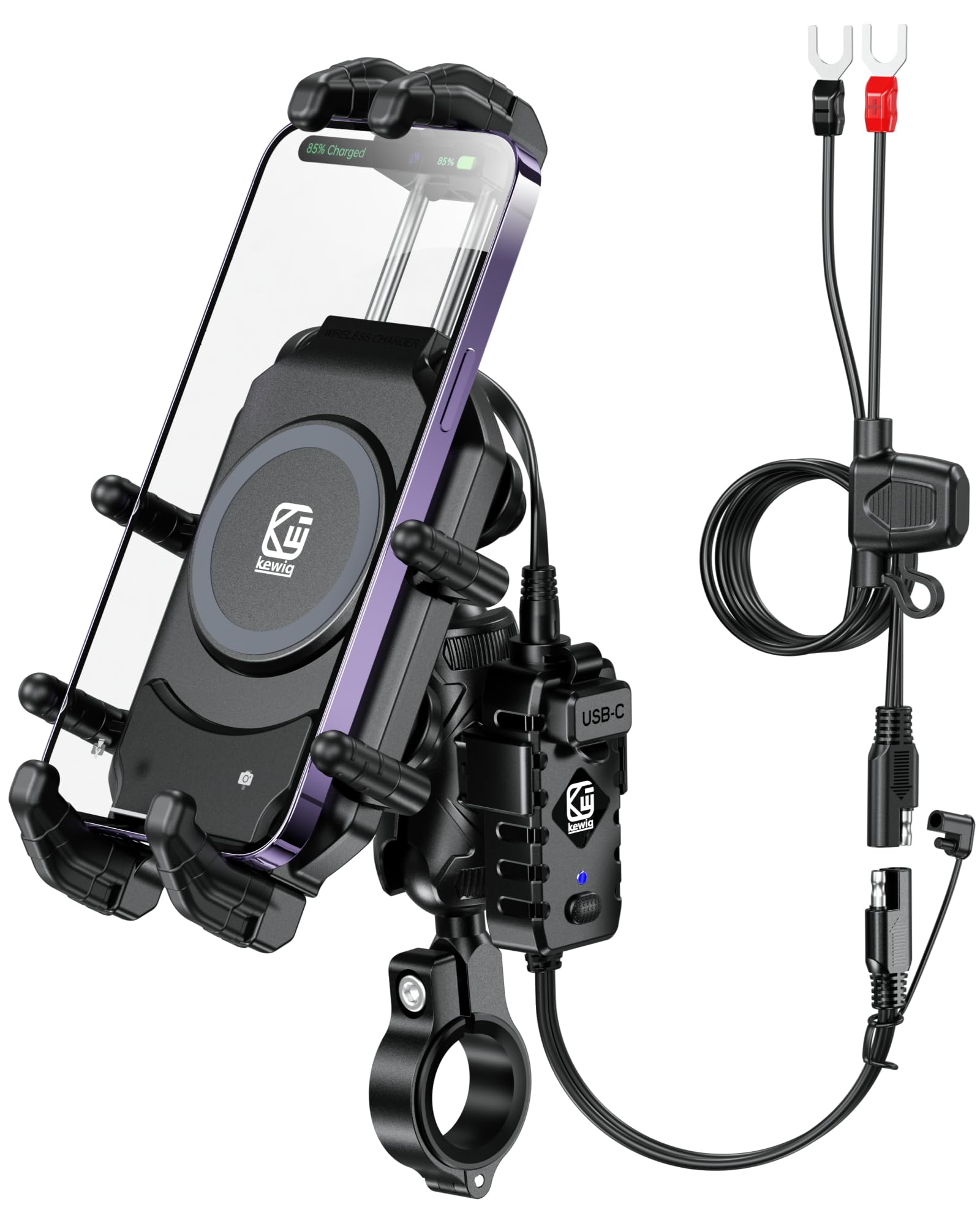 BRCOVAN Motorcycle Phone Mount with Qi 15W Wireless Charger & 30W PD/USB-C Fast Charging - Anti-Theft Handlebar Phone Holder with Vibration Dampener for 5.4''-7.2'' Smartphones - Perfect for Adventure Riding, Commuting & GPS Navigation