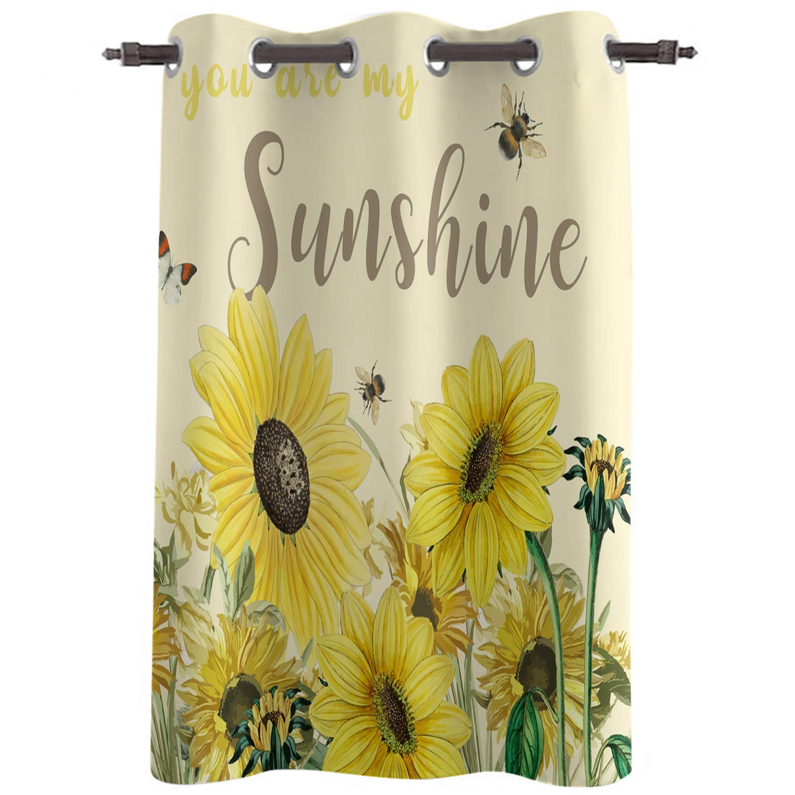 Sunflower Printed Window Curtains 52x90 Inches - Durable Floral Blackout Drapes for Bedroom, Living Room & Kitchen Decor | Spring Home Decor with Bee & Bloom Design | Perfect for Light Control & Privacy