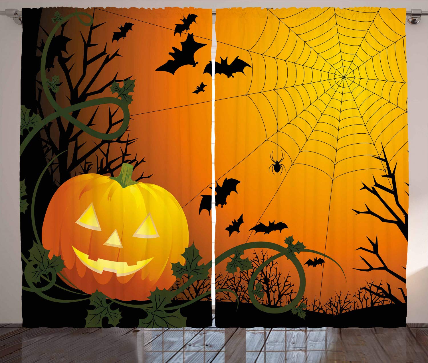 Ambesonne Halloween Curtains - Spooky Pumpkin Leaf Tree Bat Design, 2 Panel Window Drapes for Living Room & Bedroom, 108x96 Inches, Dark Green Orange Black - Perfect for Halloween Decorations & Seasonal Home Decor