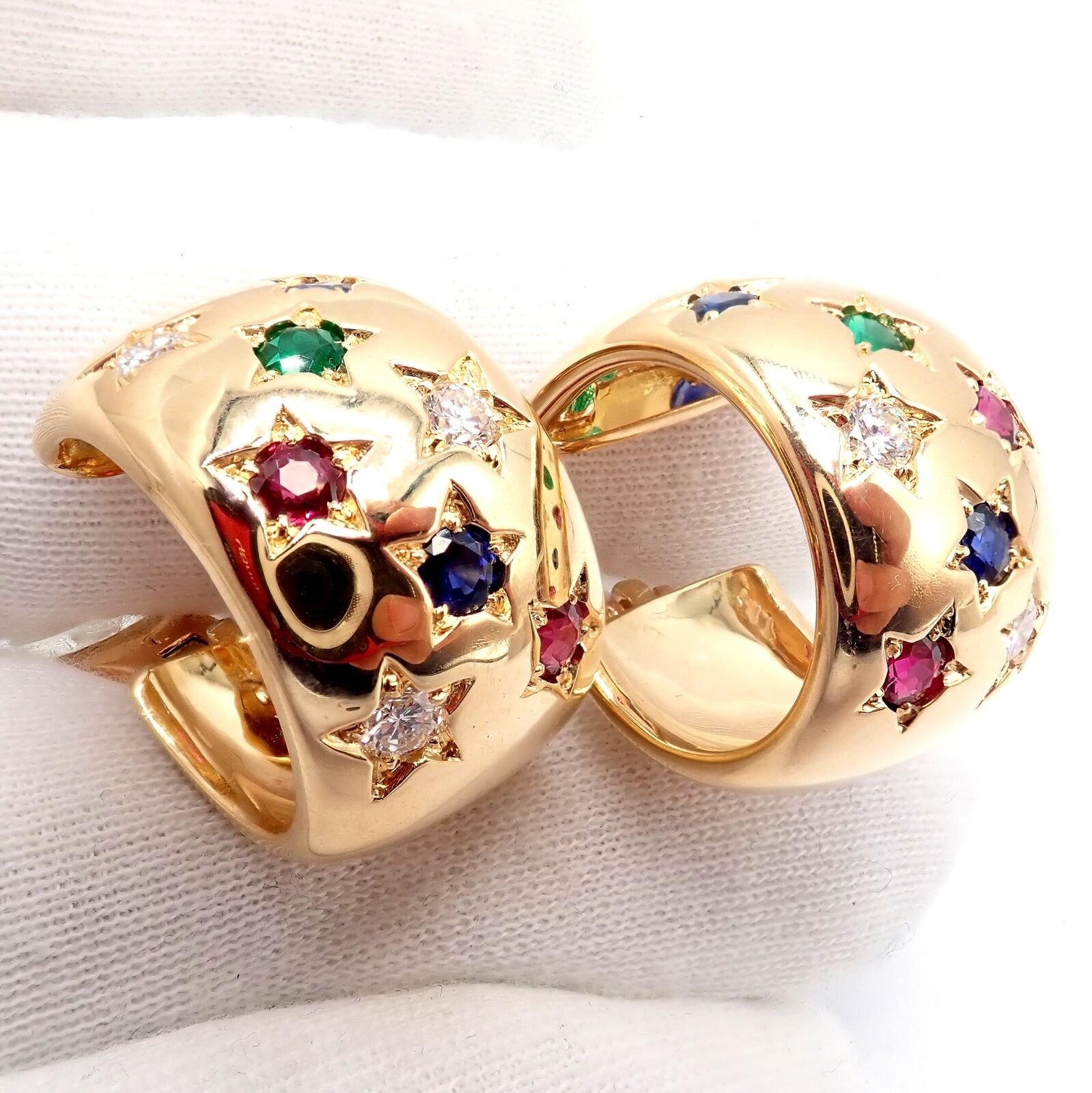 Authentic Cartier Star 18K Gold Hoop Earrings with Diamonds, Rubies, Emeralds & Sapphires | Luxury Jewelry for Women | Perfect for Weddings, Parties & Special Occasions