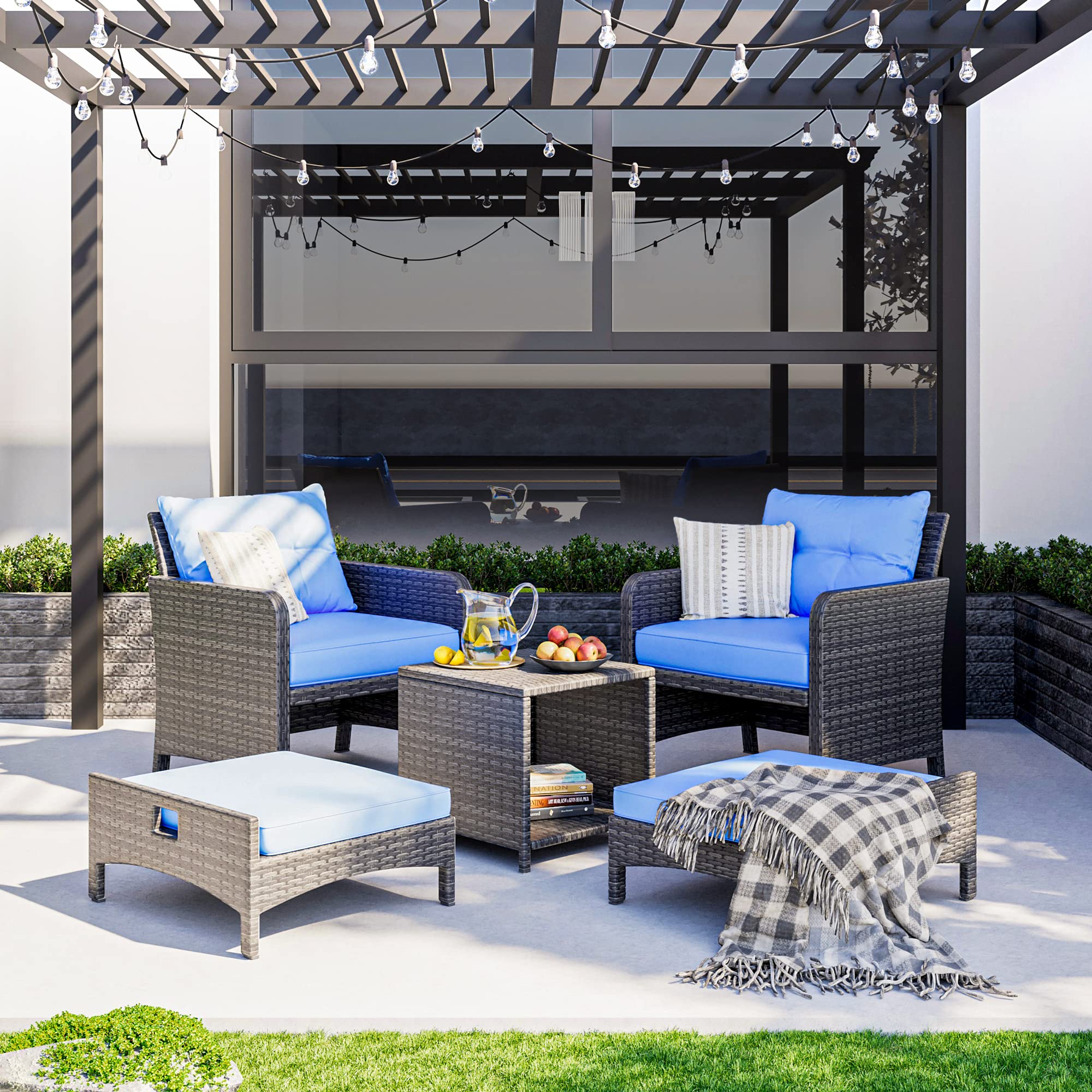 Pamapic 5-Piece Wicker Patio Furniture Set - Outdoor Rattan Chairs with Ottomans & Coffee Table - Blue Cushion & Black Wicker - Perfect for Porch, Garden, Balcony, Backyard, and Poolside Relaxation