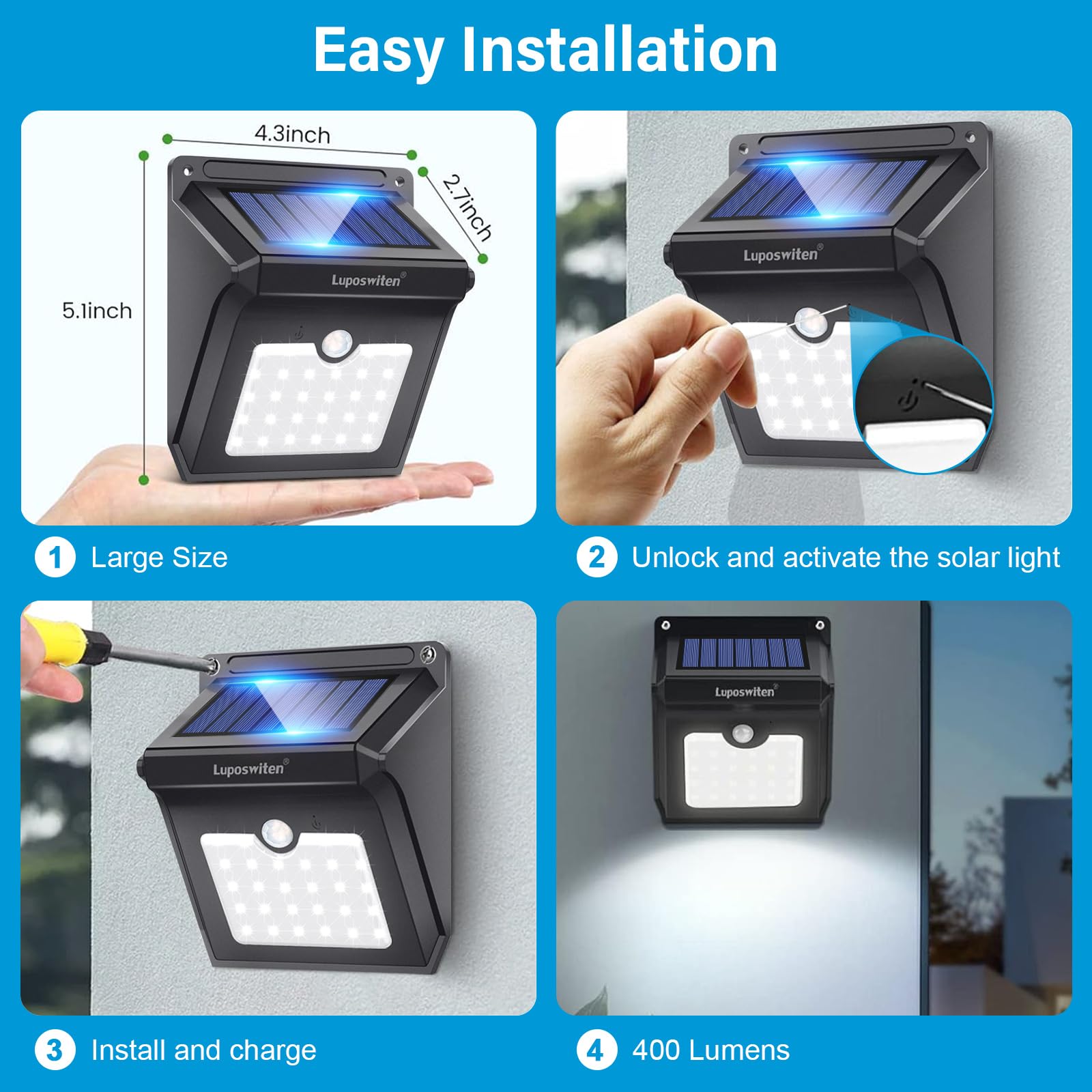 28 LEDs Solar Motion Sensor Lights Outdoor - 400 Lumen Waterproof Wireless Security Lights for Yard, Garage, Porch, Patio (4-Pack) | Solar Powered Night Lighting for Steps, Pathways & Home Safety