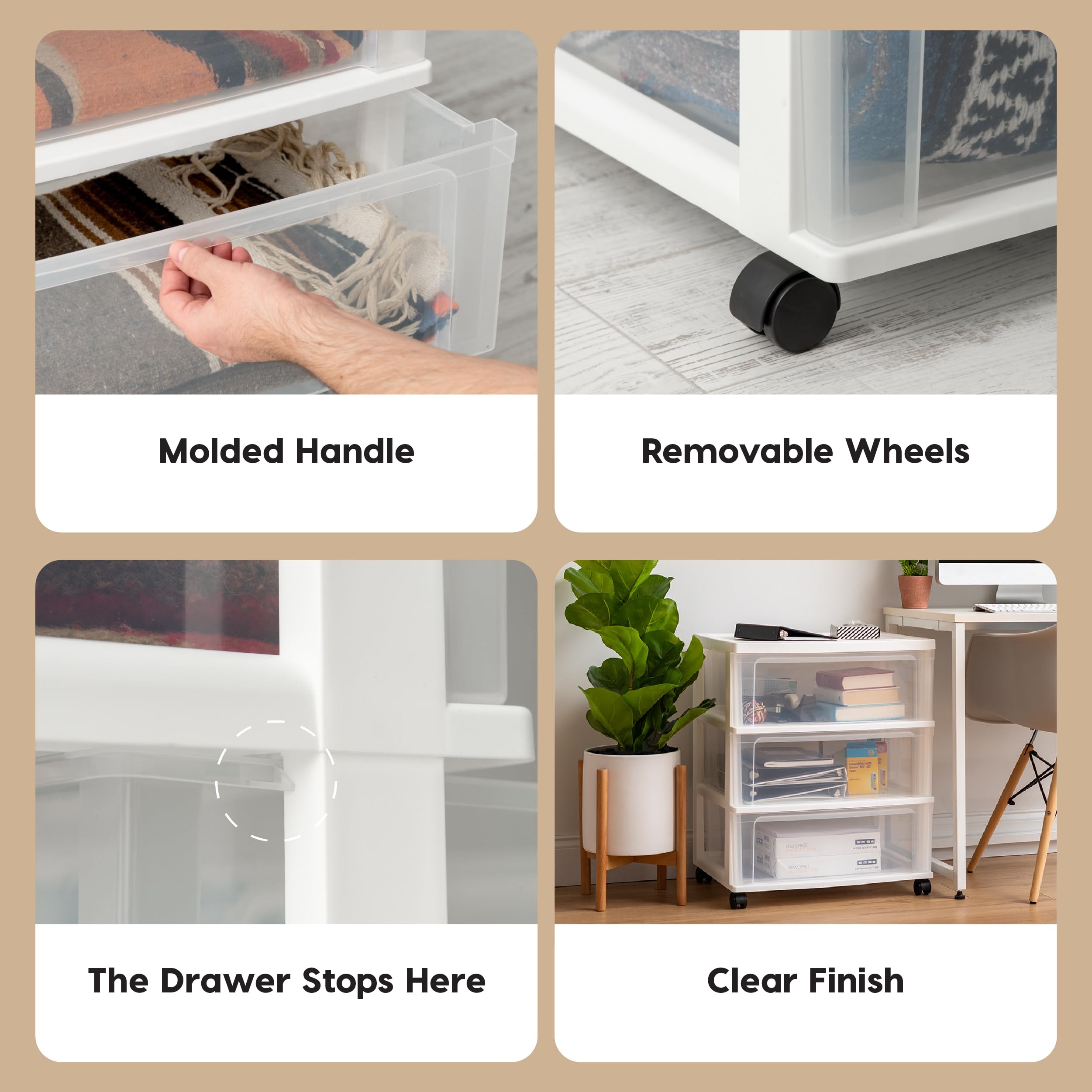 3-Drawer Rolling Storage Cart with Wheels - Plastic Organizer for Classroom, Bathroom, Dorm & Laundry Room - White/Clear - Perfect for Art Supplies, Craft Storage & Closet Organization