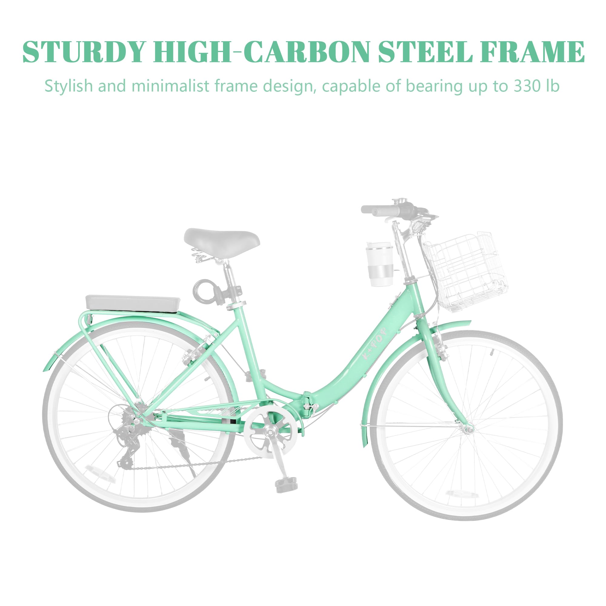 26 Inch Foldable Beach Cruiser Bike for Women - 7-Speed Commuter Bike with Detachable Cup Holder & Foldable Metal Basket - Stylish Ladies Folding Bike for Fitness, Vacation & City Riding (Green) - Perfect for Beach Outings, Daily Commutes & Leisure Cycling