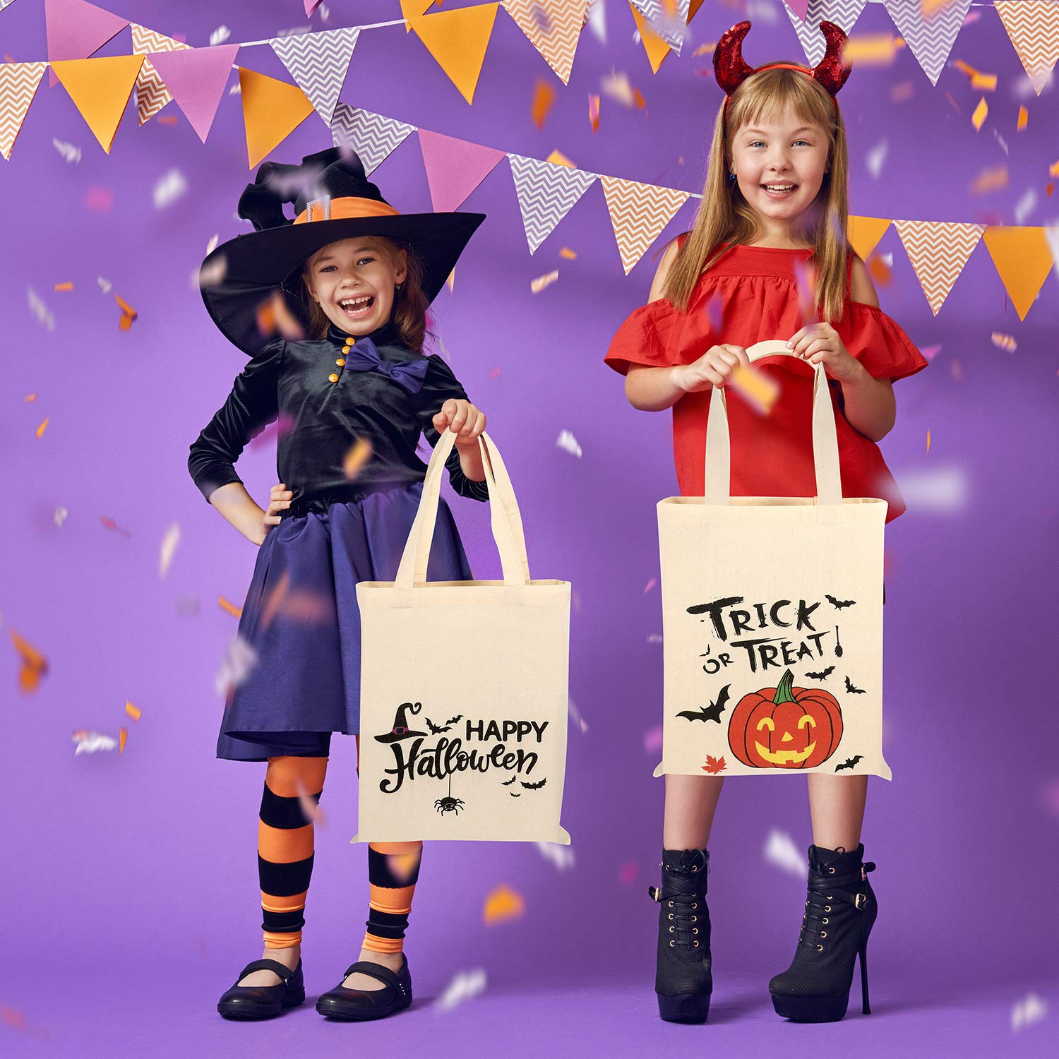 Frienda 4-Piece Halloween Trick or Treat Bags Set - 10.63'' Reusable Canvas Tote Bags with Pumpkin & Ghost Designs for Halloween Parties, Trick-or-Treating, Grocery Shopping & Everyday Use