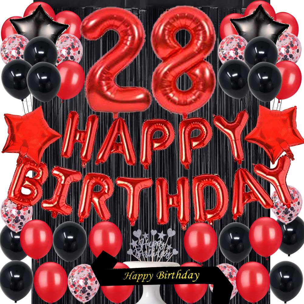 28th Birthday Party Decorations Kit - Red & Black Latex Balloons, Cake Topper, Sash, Foil Curtains & Star Balloons - Perfect for Adult Birthday Celebrations, Milestone Parties & Photo Backdrops