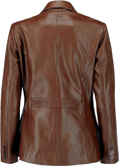 Women's Two Button Genuine Leather Blazer Jacket - Long Sleeve Casual Suit-Style Coat for Office & Business Wear (Large, Brown) - Perfect for Work, Meetings & Formal Events
