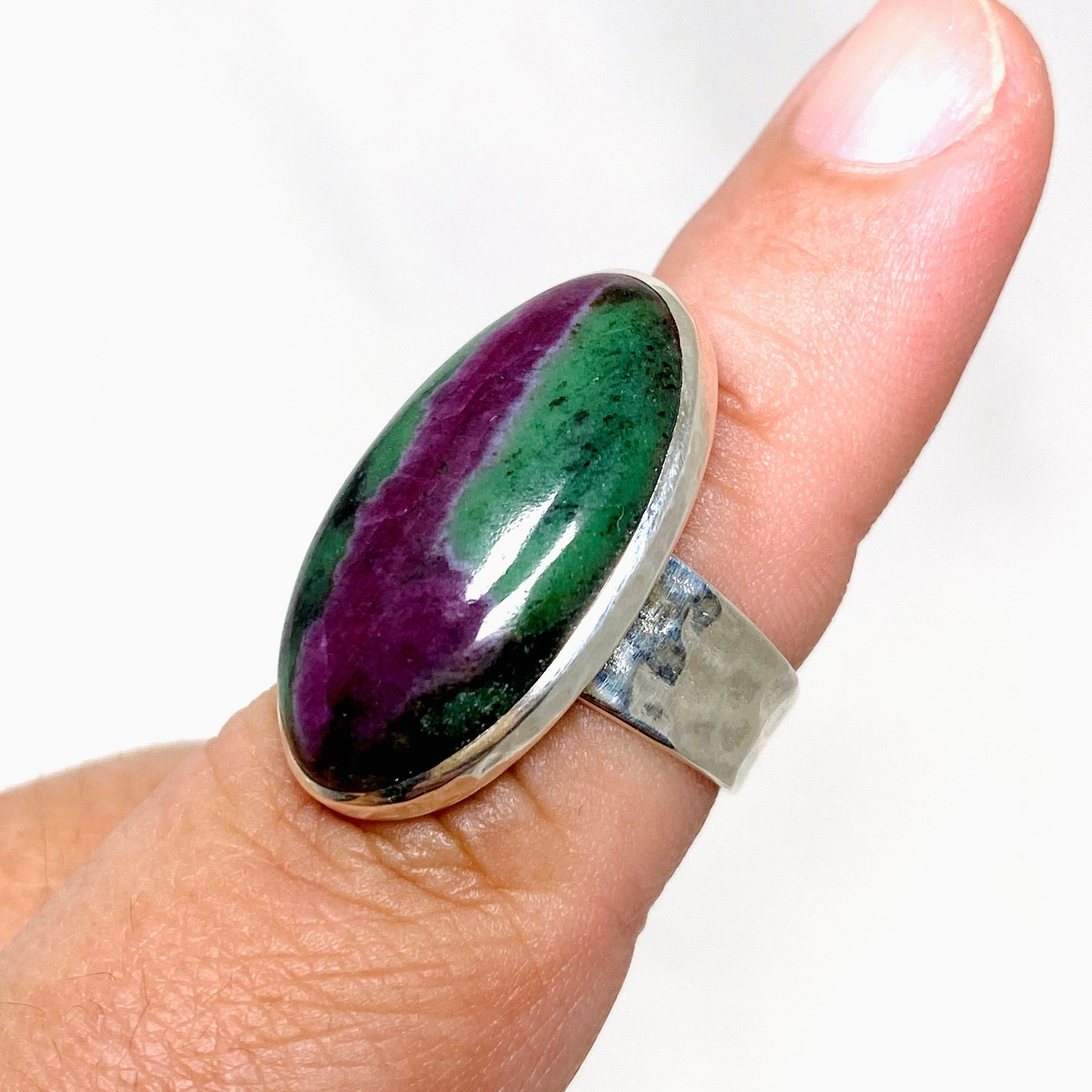 Natural Ruby in Zoisite Oval Ring with Hammered Band - Size 8 Sterling Silver Jewelry KRGJ3251 | Elegant Gift for Women, Perfect for Weddings & Special Occasions