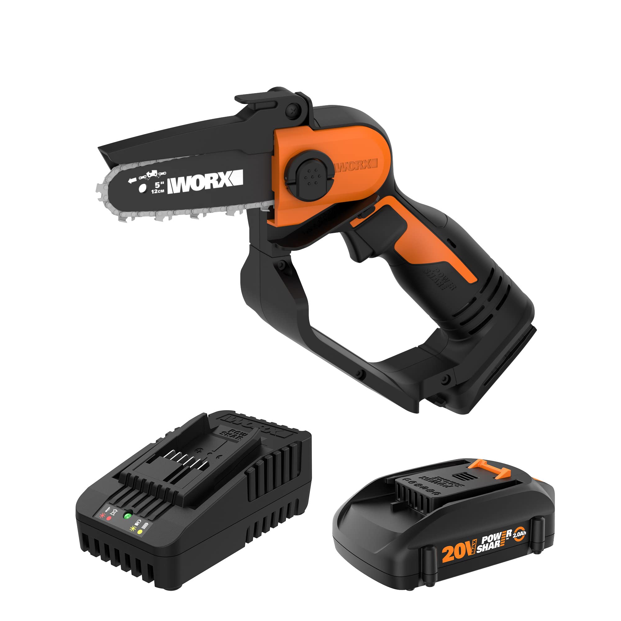 WORX WG324 20V Cordless Pruning Saw - 5 Inch Electric Chainsaw with Battery & Charger Included | Power Share Compatible | Perfect for Tree Trimming, Landscaping & Garden Maintenance