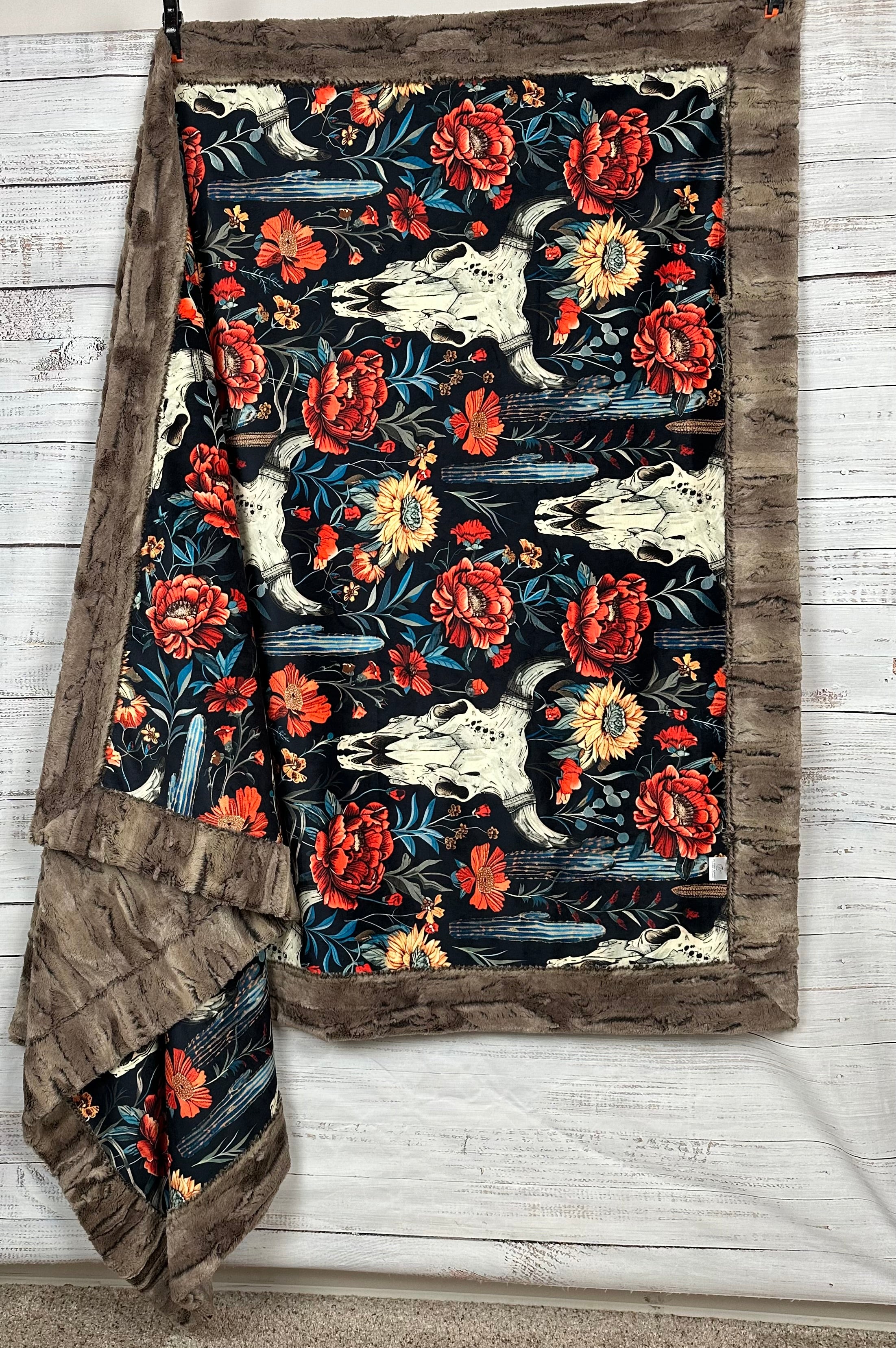 Boho Western Skull Floral Print Minky Blanket - Soft Luxe 55x79 Inches - Perfect for Bed, Couch & Home Decor - Chestnut Brown Cozy Throw Blanket