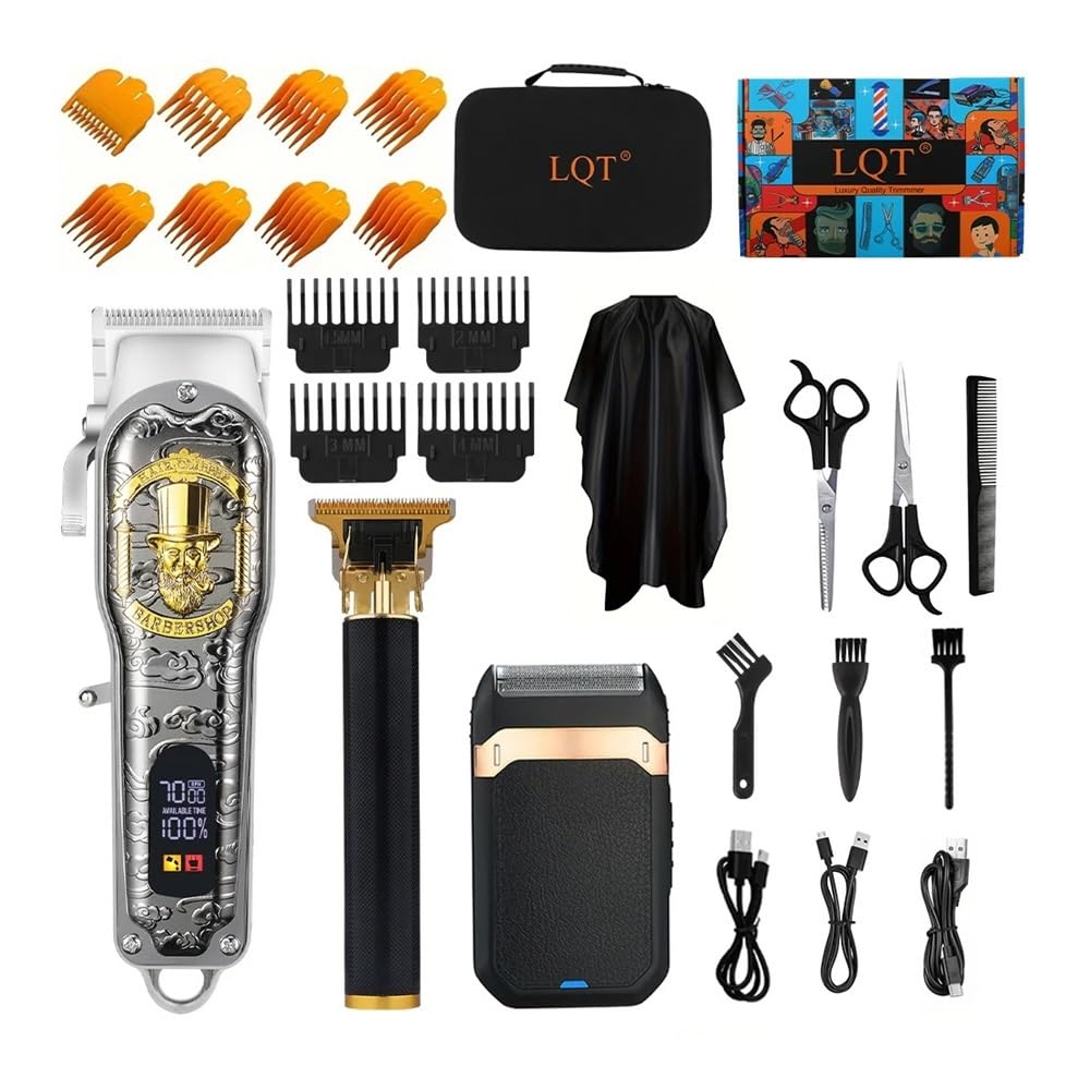 Professional 3-in-1 Electric Hair Trimmer Set for Men - USB Rechargeable Cordless Hair Clipper with LED Display & Precision Trimming Scissors - Black Gold Edition - Perfect for Home Barbering, Beard Grooming & Travel Use