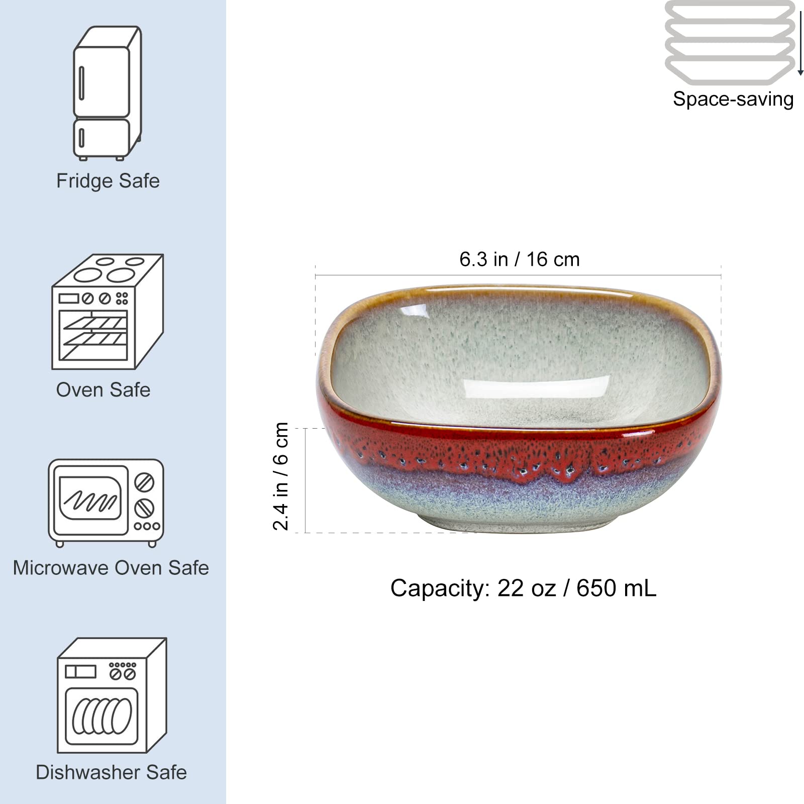 HENXFEN 22 Oz Square Ceramic Bowls Set of 4 - Microwave & Dishwasher Safe Serving Bowls for Cereal, Soup, Salad, Oatmeal, Fruit - Perfect for Breakfast, Dining, Entertaining - Reactive Red
