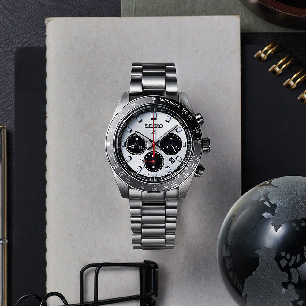 Seiko SSC911 Prospex Speedtimer Chronograph Watch - 41.4mm White Dial with Stainless Steel Bracelet | Solar Powered Sports Watch for Men, Racing & Outdoor Activities