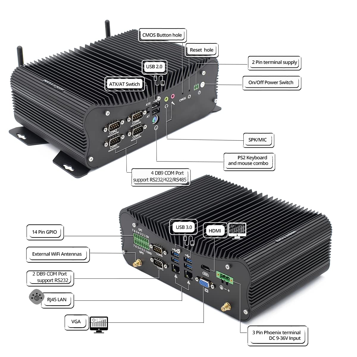 Fanless Industrial Mini PC - Intel Core i7-10510U, 32GB RAM, 256GB SSD + 1TB HDD, Windows 10 Pro, HDMI/VGA, RS485/232 COM, GPIO, LPT, WiFi, USB 3.0 - Compact Desktop Computer for Automation, Digital Signage & Industrial Control Systems