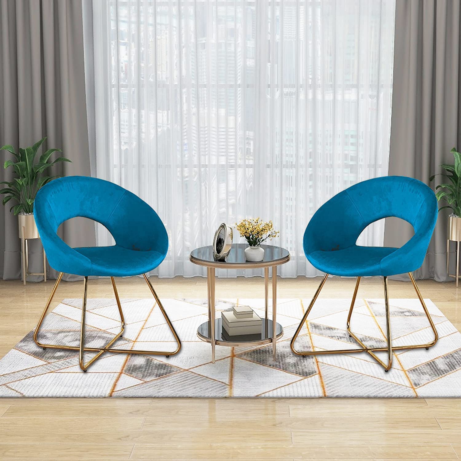 Modern Velvet Accent Chairs Set of 2 - Mid Century Upholstered Armchairs with Golden Legs for Living Room, Dining Room & Lounge - Blue Comfy Leisure Chairs for Home Decor, Reading Nook & Coffee Corner