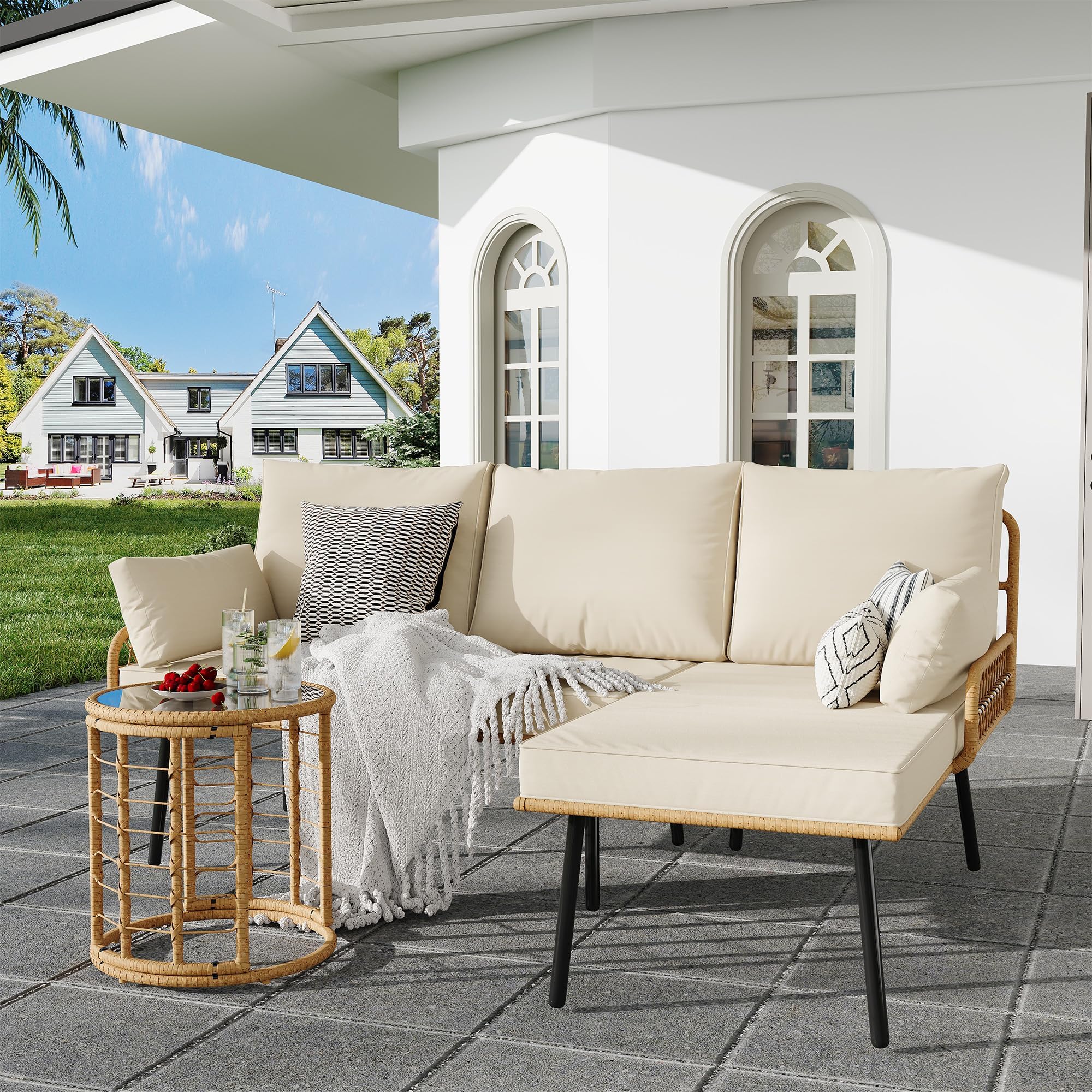 GARVEE 3-Piece All-Weather Wicker Patio Furniture Set - Outdoor L-Shaped Sectional Sofa with Washable Cushions & Tempered Glass Coffee Table - Perfect for Deck, Poolside, Backyard, Garden & Outdoor Lounge Areas