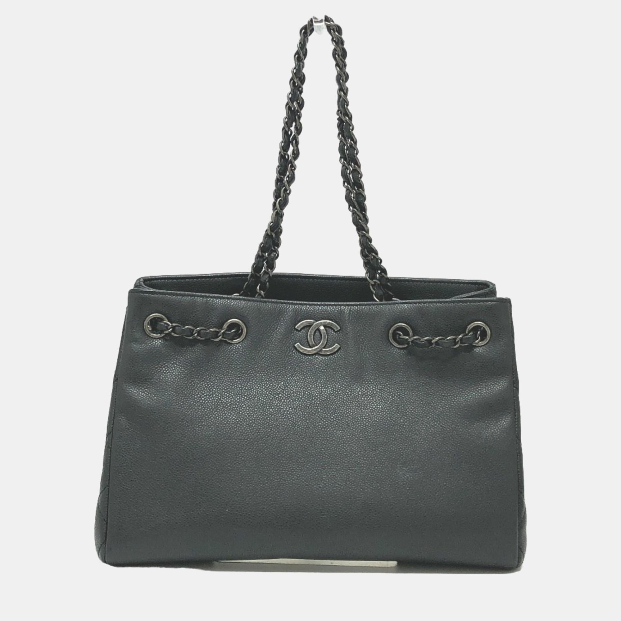 Luxury Black Caviar Large Woven Chain Shopping Tote Bag - Stylish Designer Handbag for Women, Perfect for Work, Travel & Everyday Use