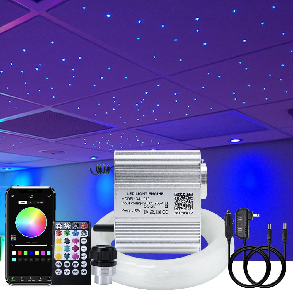 AKEPO 10W Fiber Optic Lights Kit with APP Control & Music Sync - 375pcs 9.8ft/3m Optical Fiber Cable (0.03/0.04/0.06in) + RGBW Light Engine + 28-Key Remote - Perfect for Star Ceiling, Home Theater, Bedroom Decor & Car Interior Lighting
