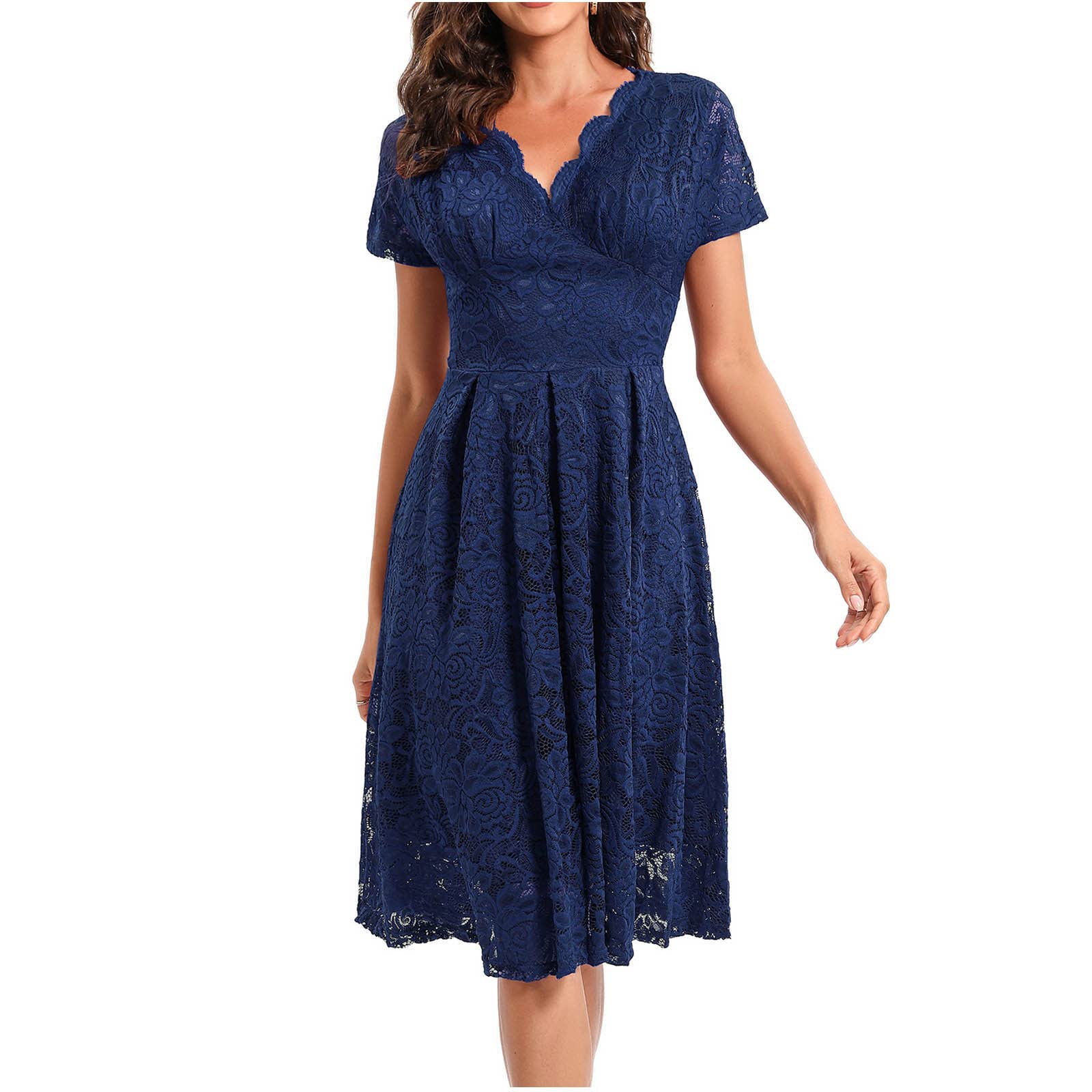 Elegant Floral Lace V-Neck Cocktail Dress for Women - Short Sleeve Pleated Midi Swing Dress for Wedding Guest, Party, Evening Events & Special Occasions