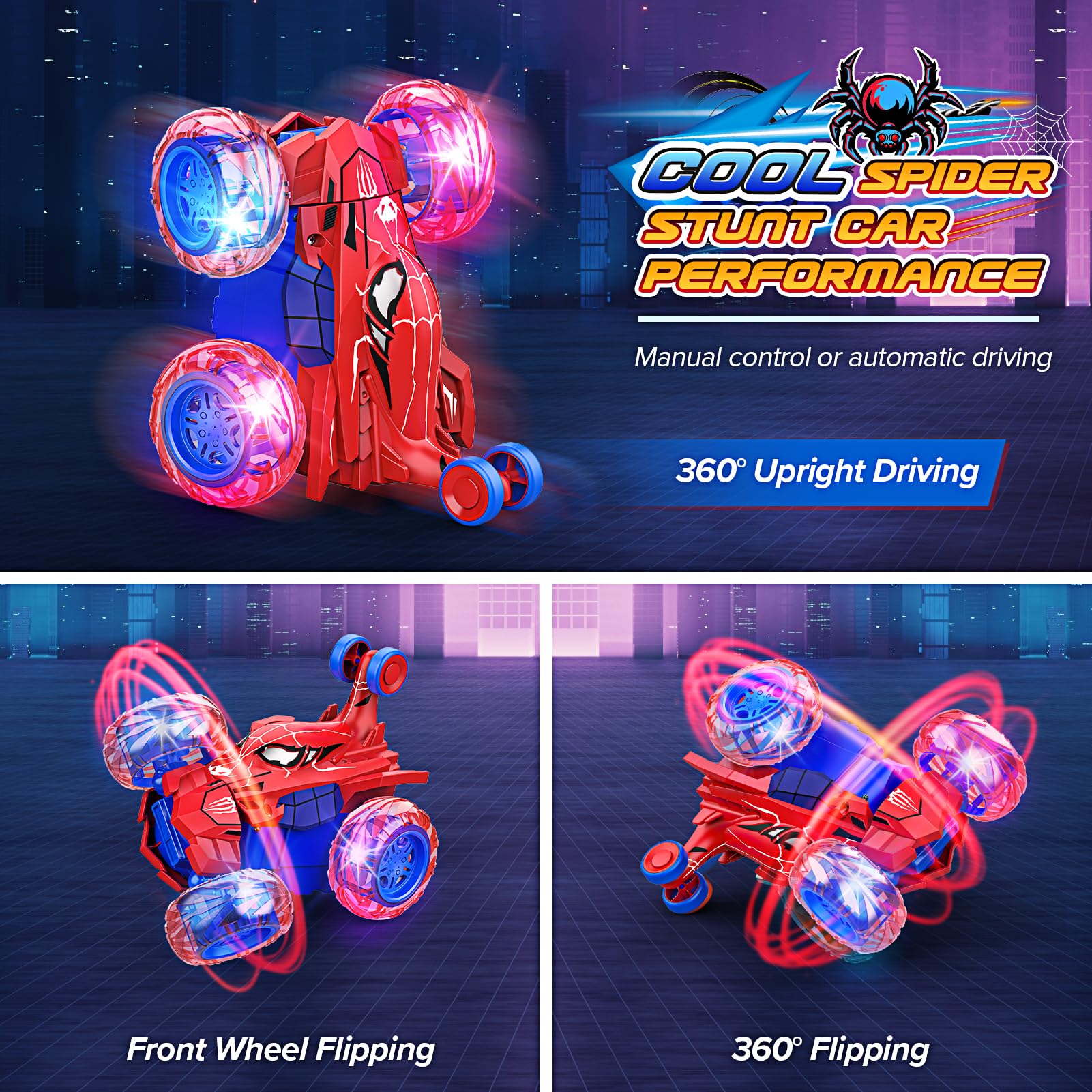 High-Speed 4WD Remote Control Car with 360° Stunt & LED Wheel Lights - RC Toy for Boys Ages 3-10 - Best Birthday & Christmas Gift for Kids - Perfect for Indoor & Outdoor Play, Backyard Racing & Family Fun