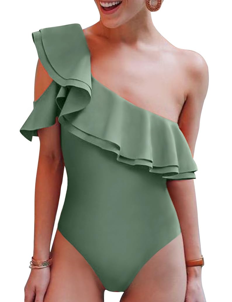 Hilor Women's One Shoulder Asymmetric One Piece Swimsuit with Ruffles - Sexy Monokini Bathing Suit for Beach, Pool Party & Summer Vacation