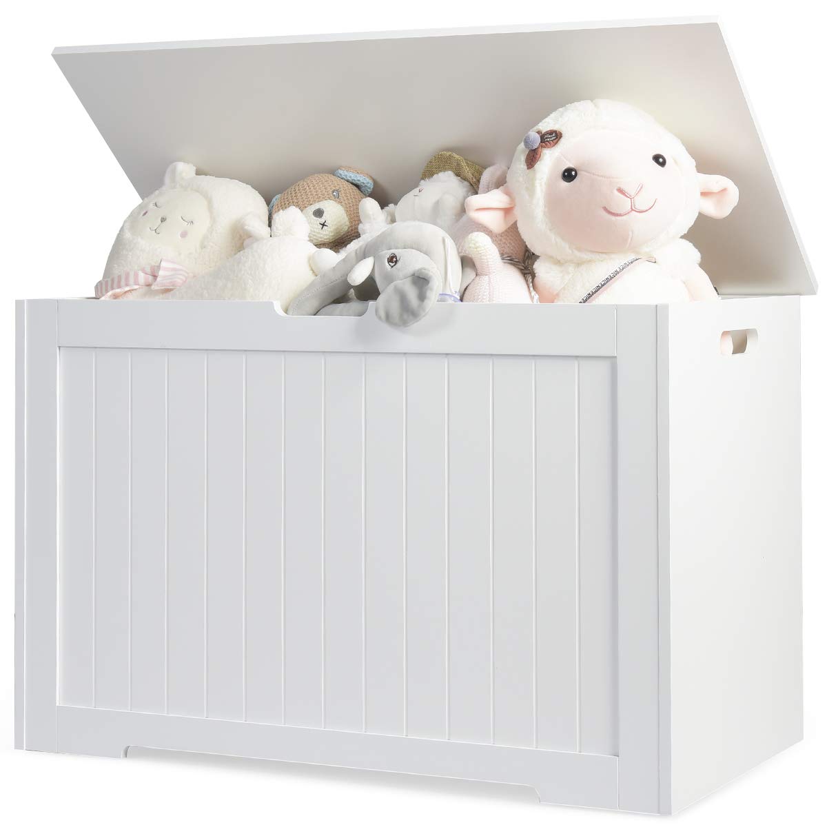 Costzon White Wooden Toy Box with Flip-Top Lid - Kids Toy Storage Organizer & Bench with Safety Finger-Pinch Prevention, Handles for Easy Moving - Perfect for Playrooms, Daycares & Nursery Storage (White)